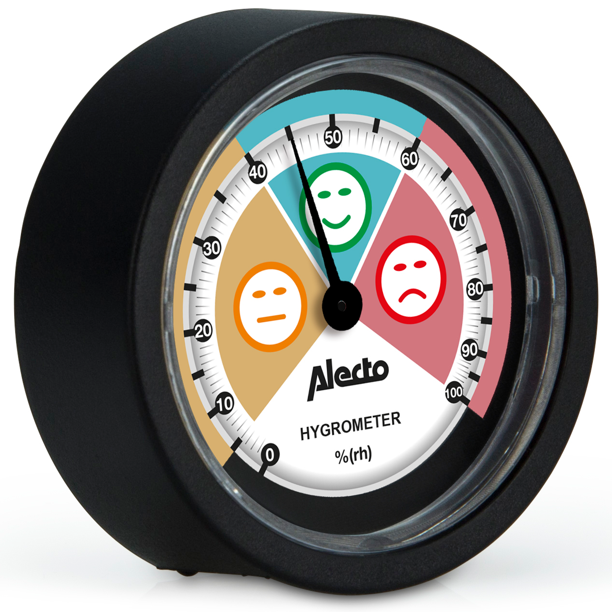 Black hygrometer with a circular dial. The dial shows happy, neutral, and sad face icons.