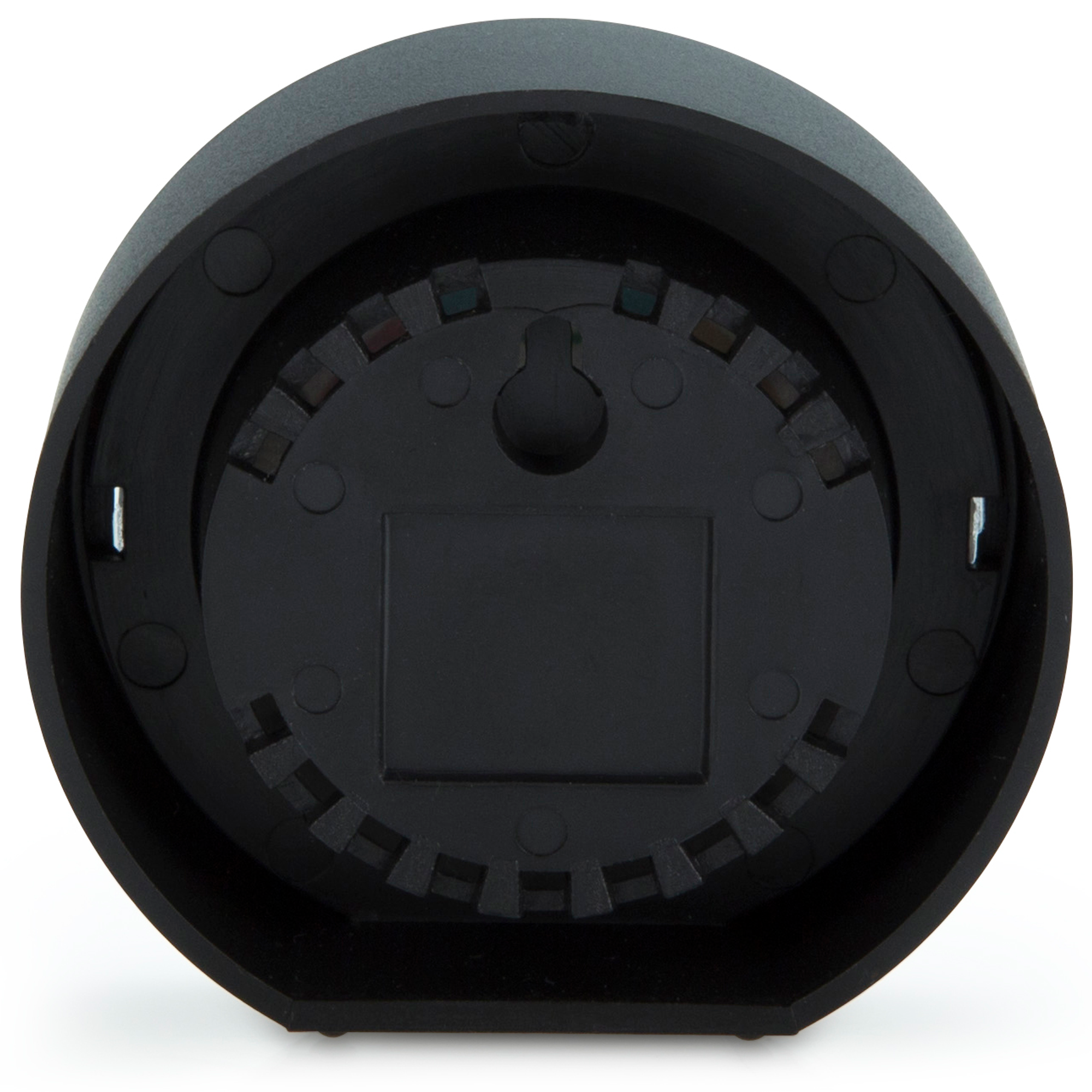 Black, round object, possibly a security camera or a light fixture, with a mounting point visible.