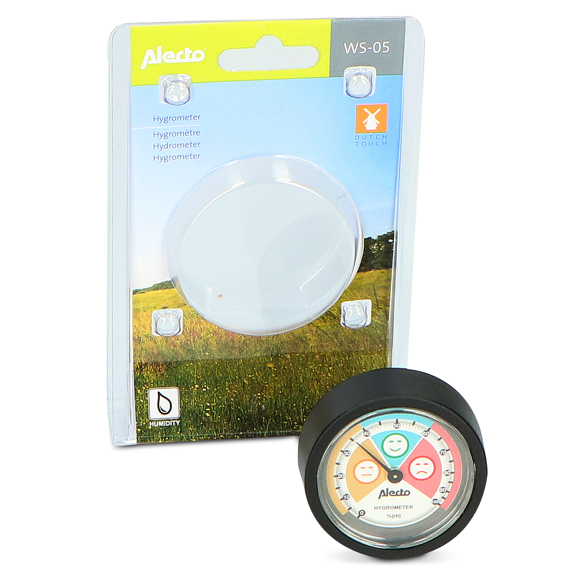 A hygrometer, with a dial and a small colorful face. The device is in a clear plastic package.
