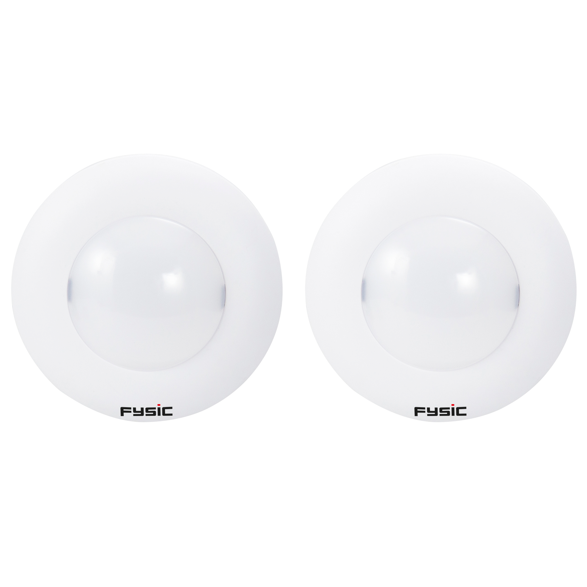 Two white, circular ceiling lights with the word 'FYSIC' printed on them.