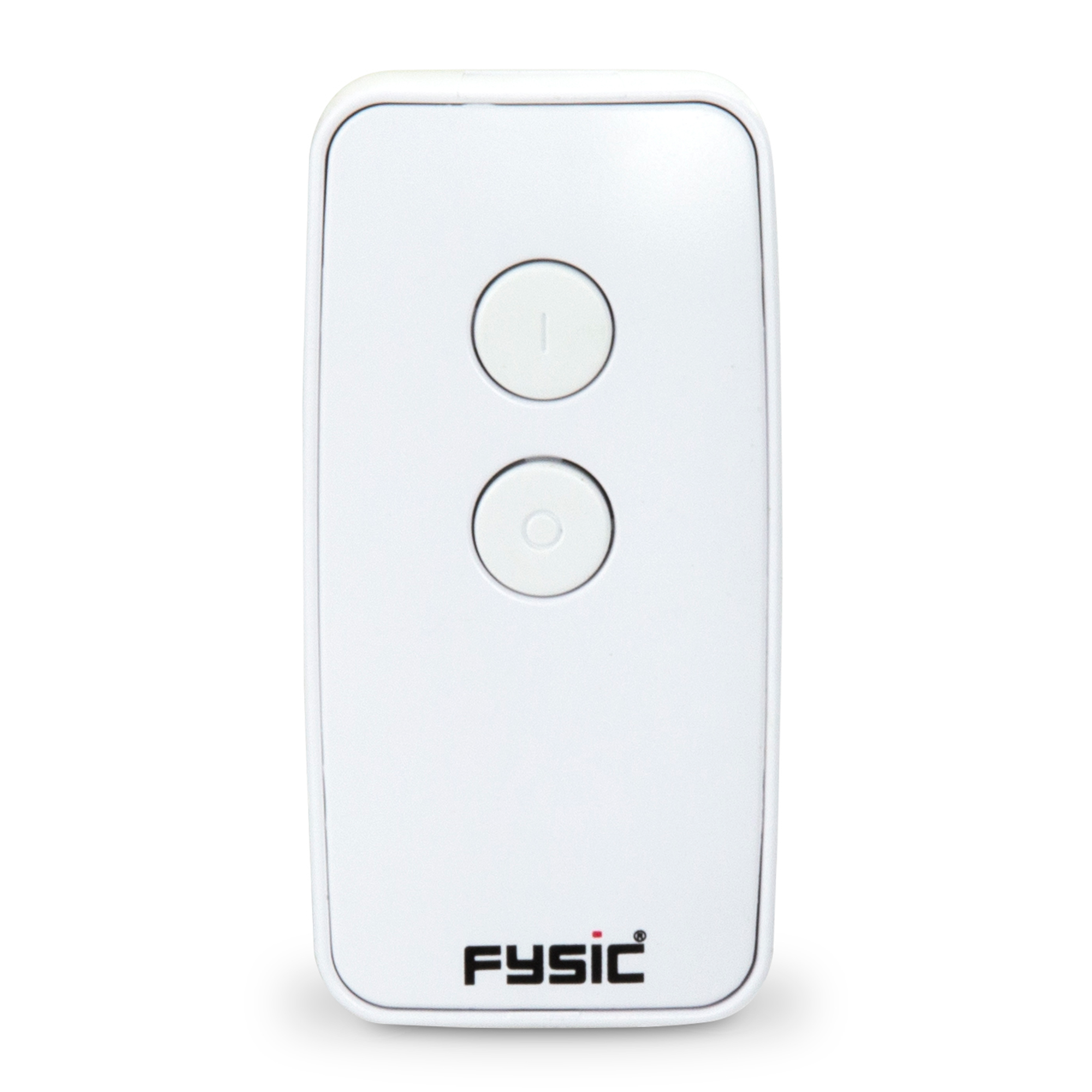 A white remote control with two buttons and the brand name 'FYSIC' printed on the bottom.