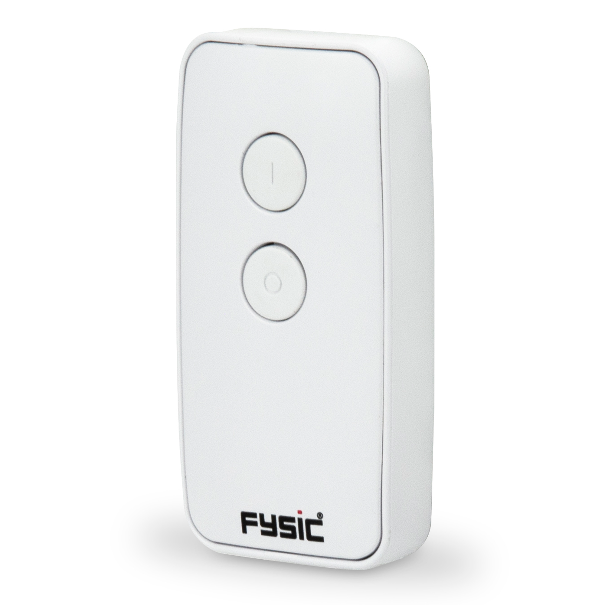 White remote control with two buttons and the word 'fysic' on it.