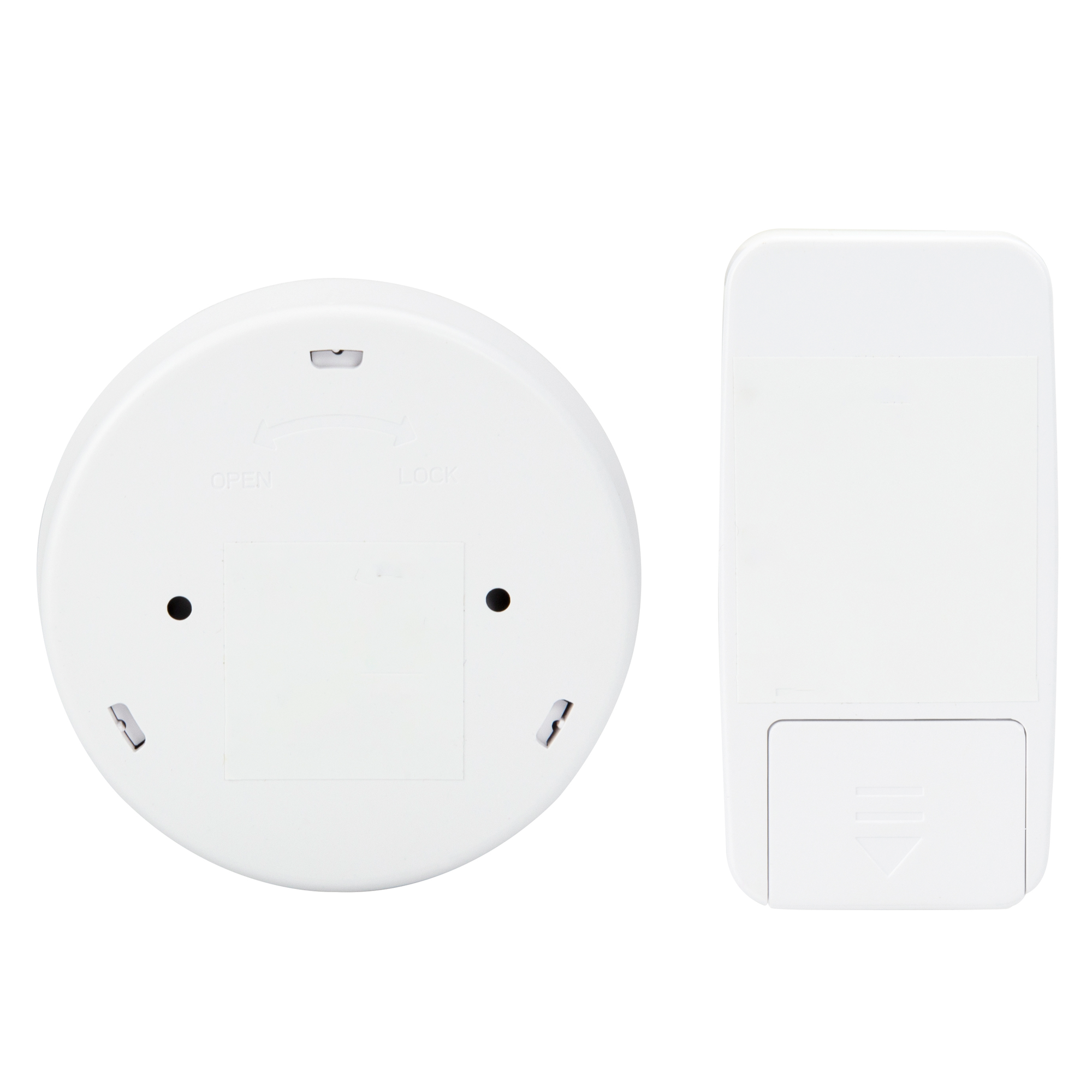 White device components. One with open/lock markings and the other with a button.