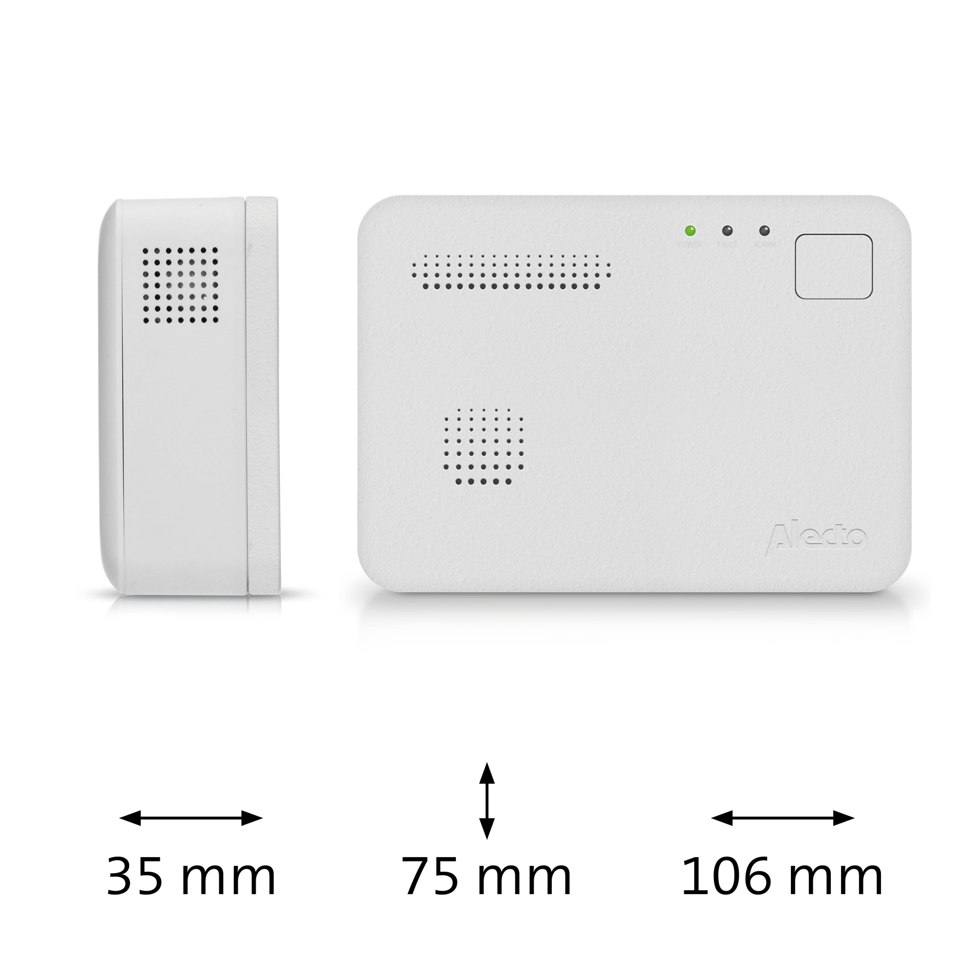 Zwei weiße Alarmsystemgeräte mit angegebenen Abmessungen und Seitenansicht.