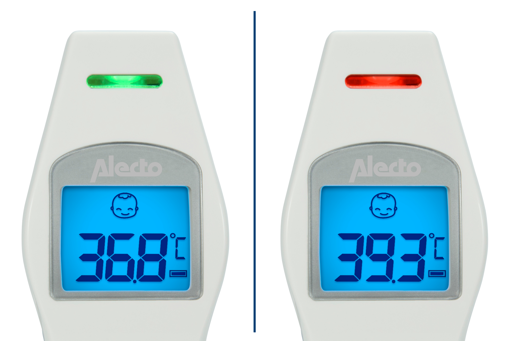 Zwei Thermometer. Eines zeigt 36,8°C mit grünem Licht, das andere 39,3°C mit rotem Licht.