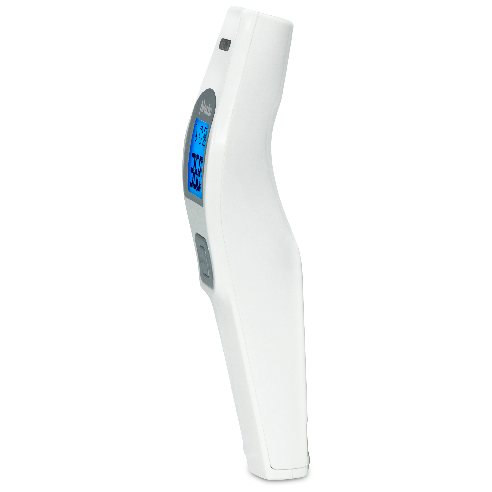 Weißes Infrarot-Thermometer mit blauem Display, das eine Temperatur von 36,8 °C anzeigt.