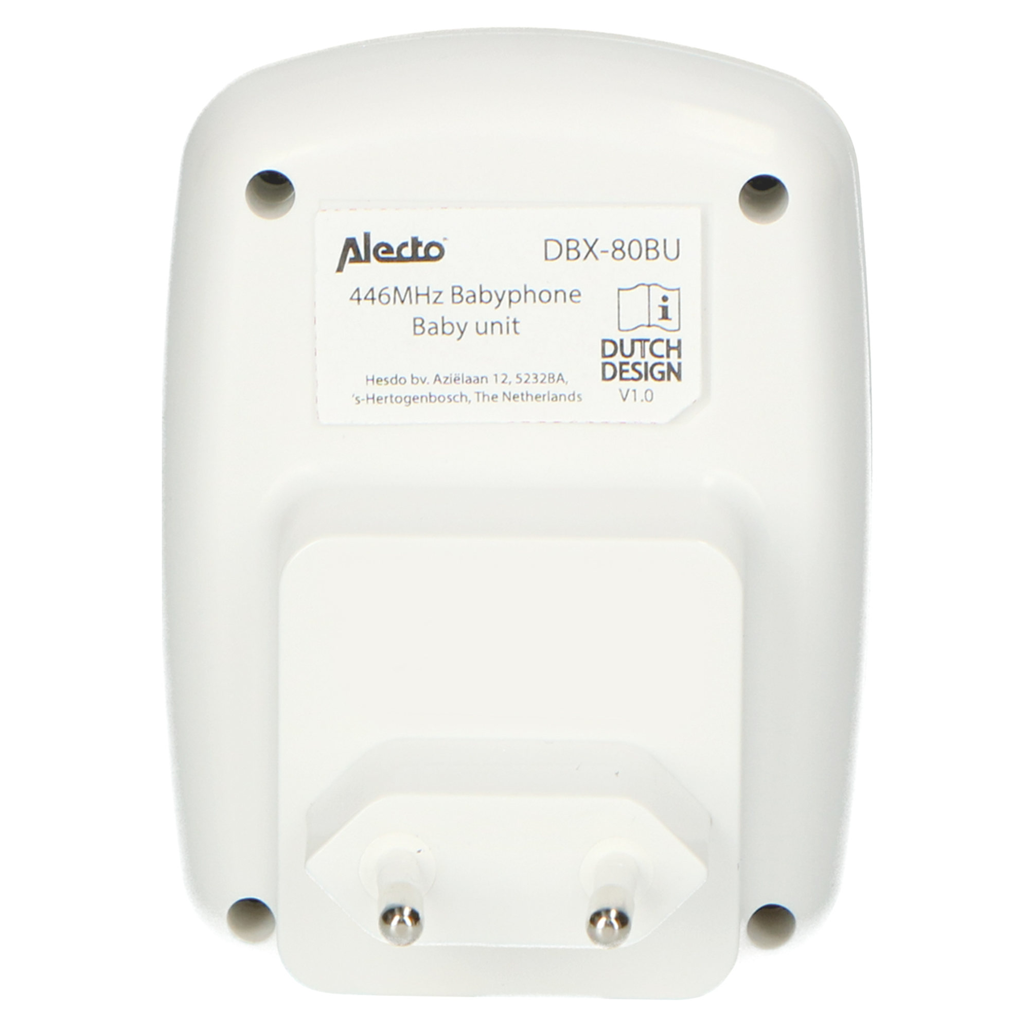 White babyphone base with a plug, labeled with text and a Dutch Design logo. White background.