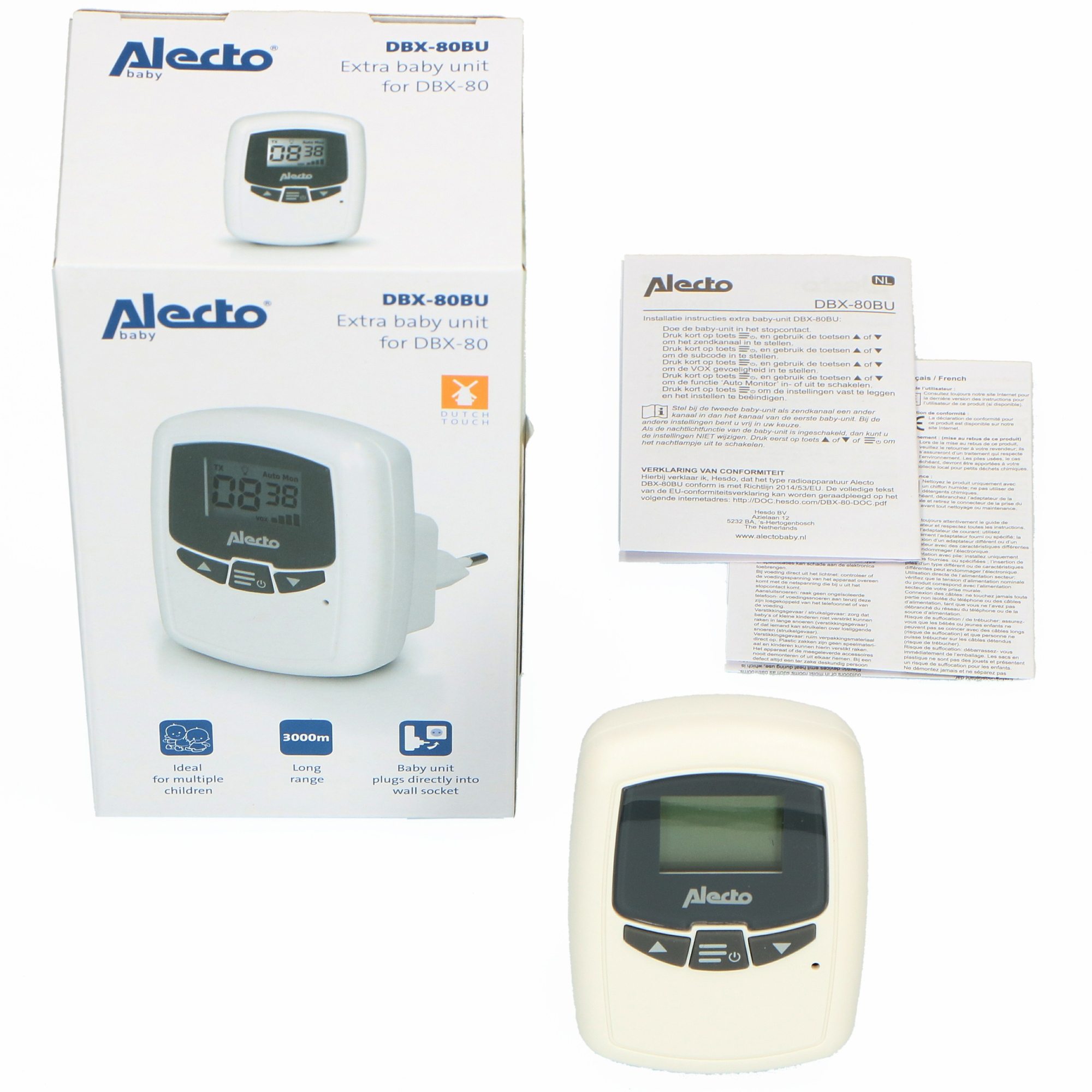 A baby monitor box and components. Text: DBX-80BU Extra baby unit for DBX-80.