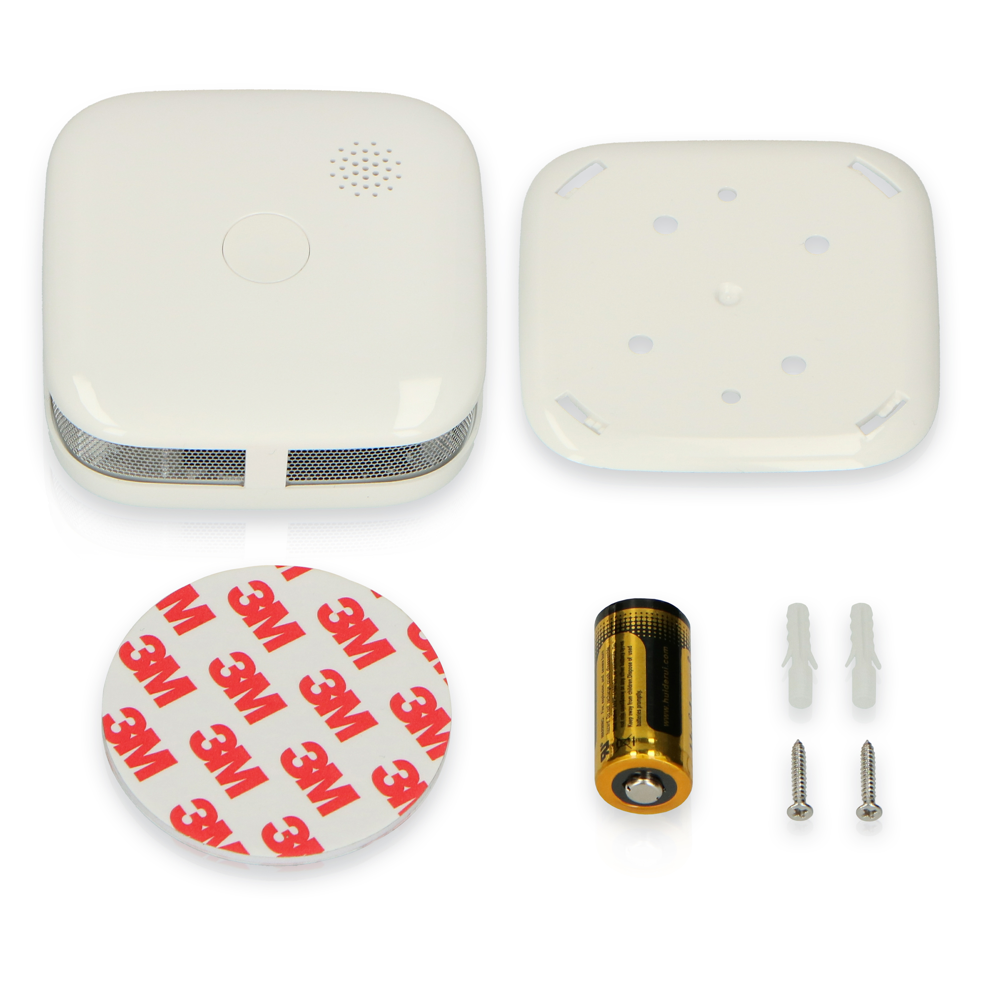 Elementy czujnika dymu: czujnik, płyta montażowa, bateria, śruby i podkładki samoprzylepne. Wszystko białe.