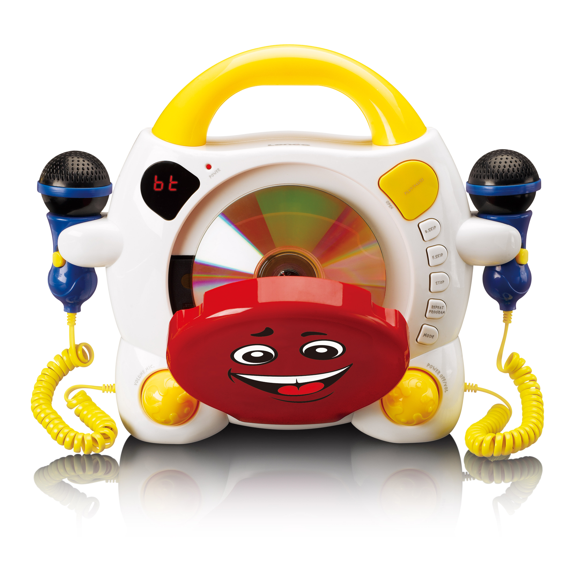 Weiße Karaoke-Maschine mit Smiley, zwei Mikrofonen und einer CD in rotem Fach, gelber Griff.