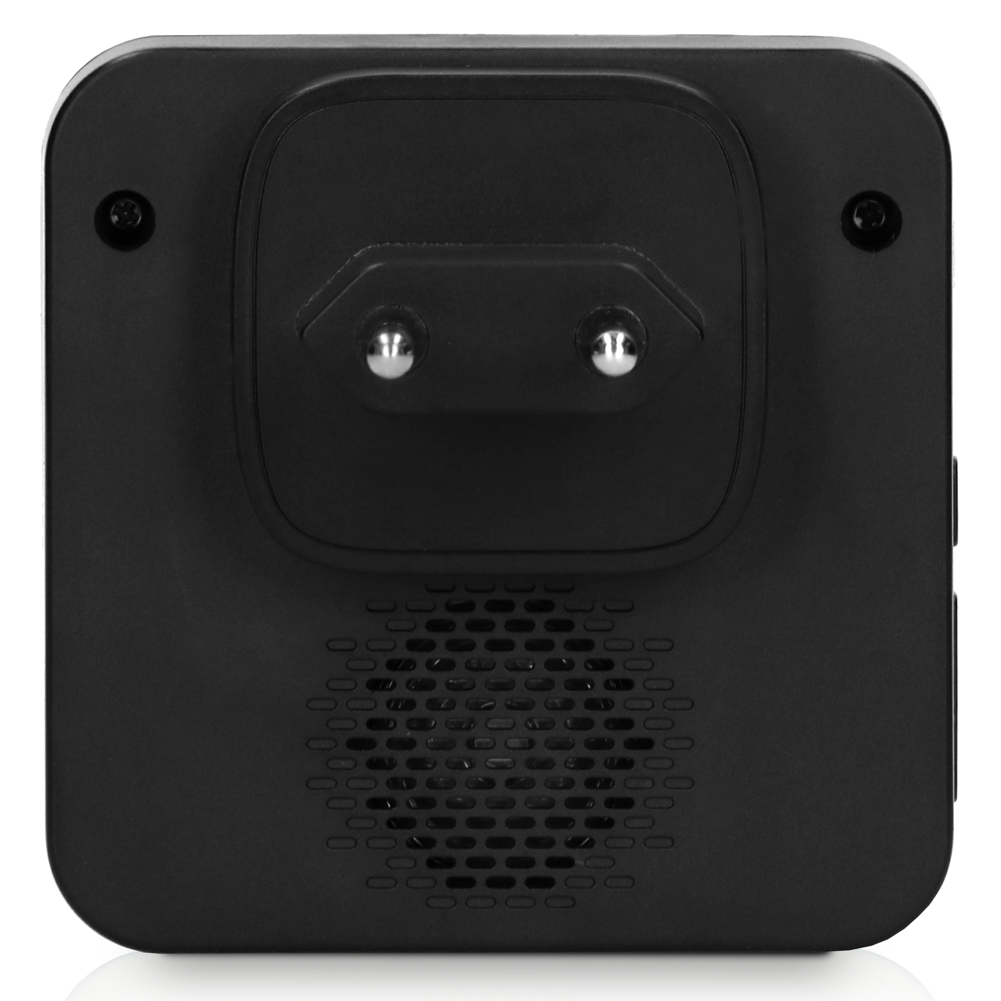 Schwarzer Steckdosenadapter mit zwei Löchern. Er hat ein Gitter und einen weißen Hintergrund.