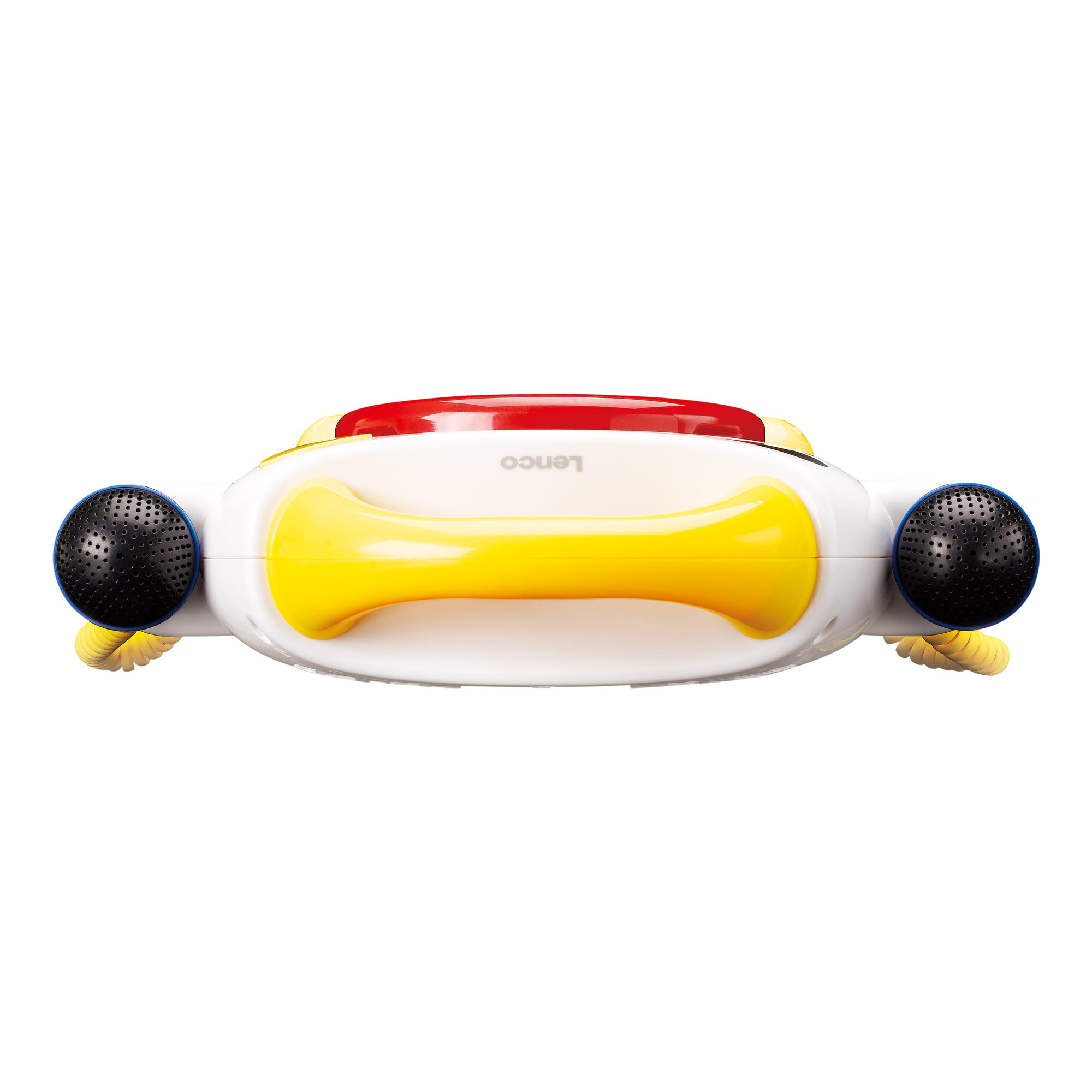 Ein weiß-gelbes Spielzeugtelefon mit schwarzen Lautsprecherlöchern und gelben Schnüren.