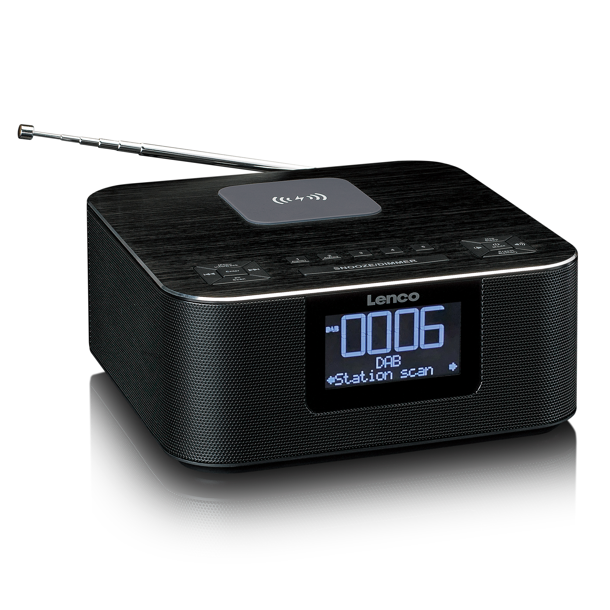 Une radio Lenco noire avec un affichage numérique indiquant l'heure et le scan des stations. Elle a une antenne.