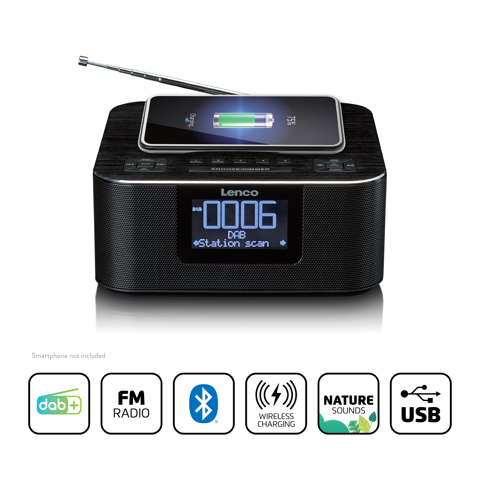 Radio numérique noire avec smartphone au-dessus, montrant la charge. Icônes et affichage DAB.