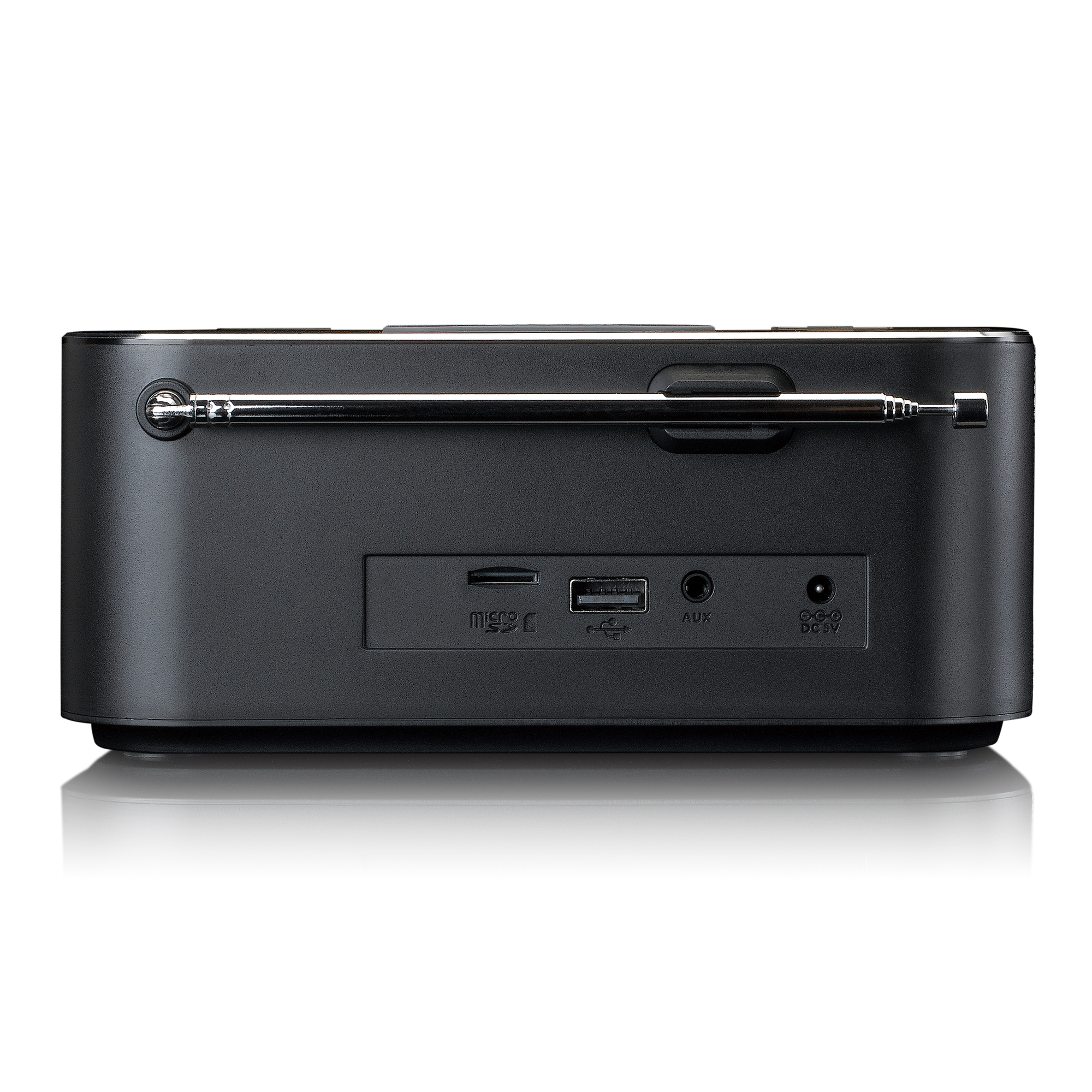 Arrière d'une radio portable noire avec ports pour carte SD, USB, AUX et alimentation CC.