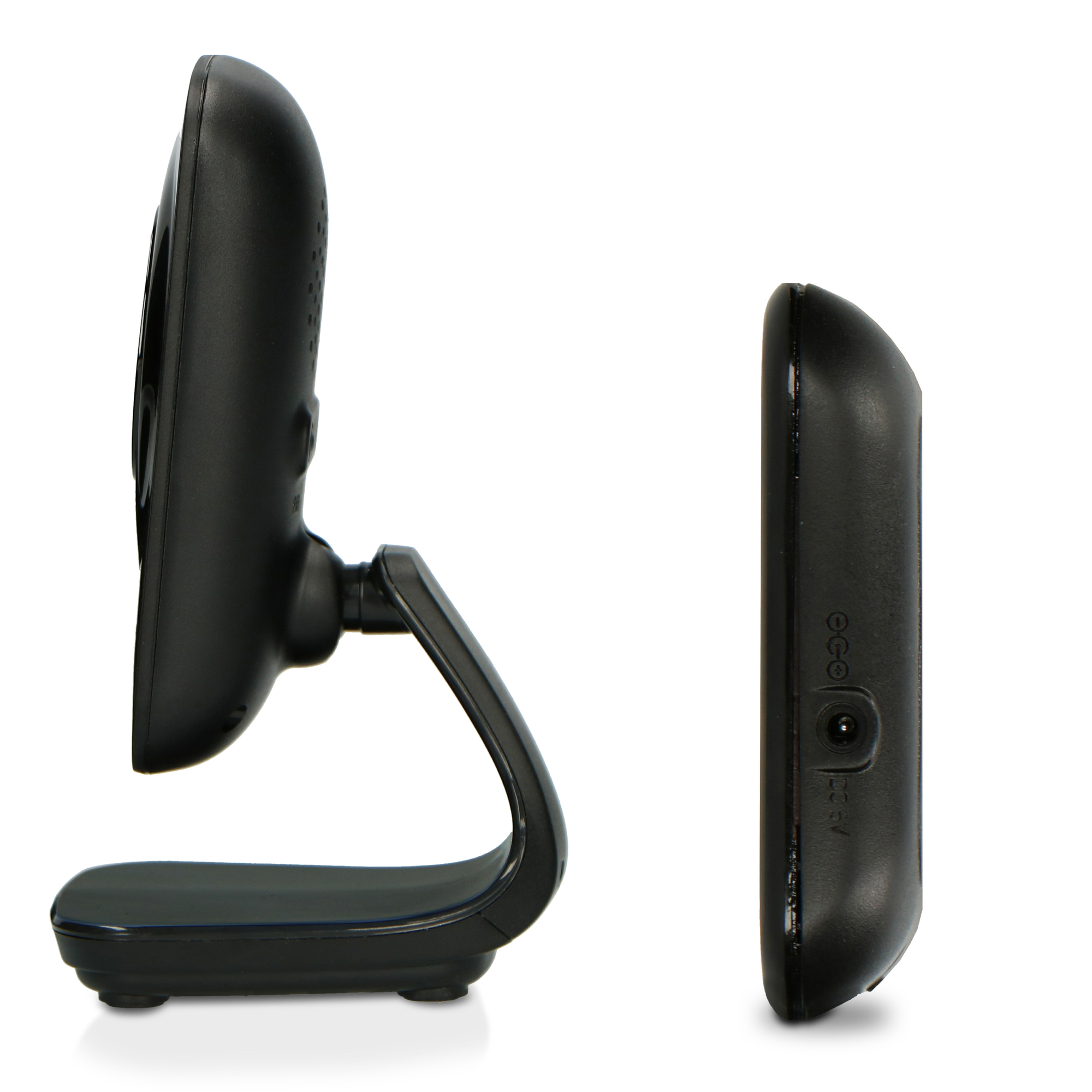 Black baby monitor with curved base and side view, on a white background.