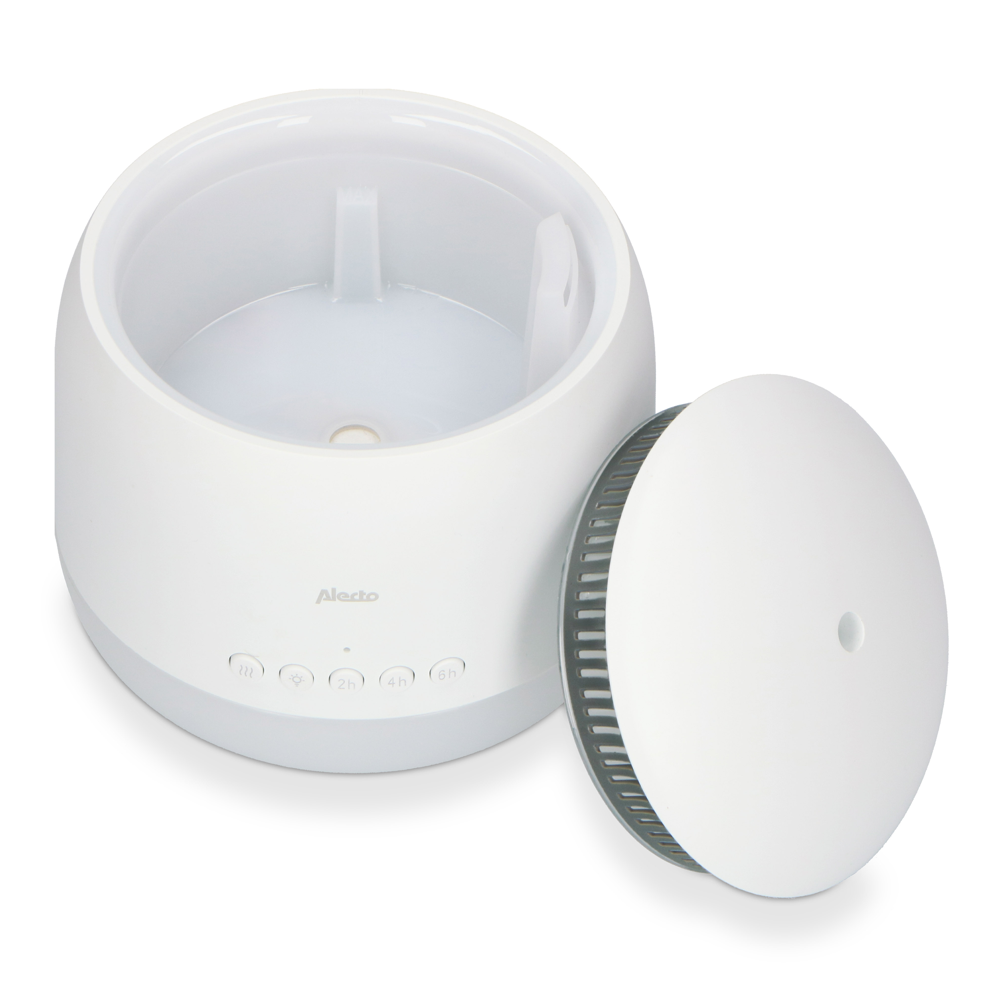 Diffuseur d'huiles essentielles blanc avec couvercle détaché, montrant l'intérieur.
