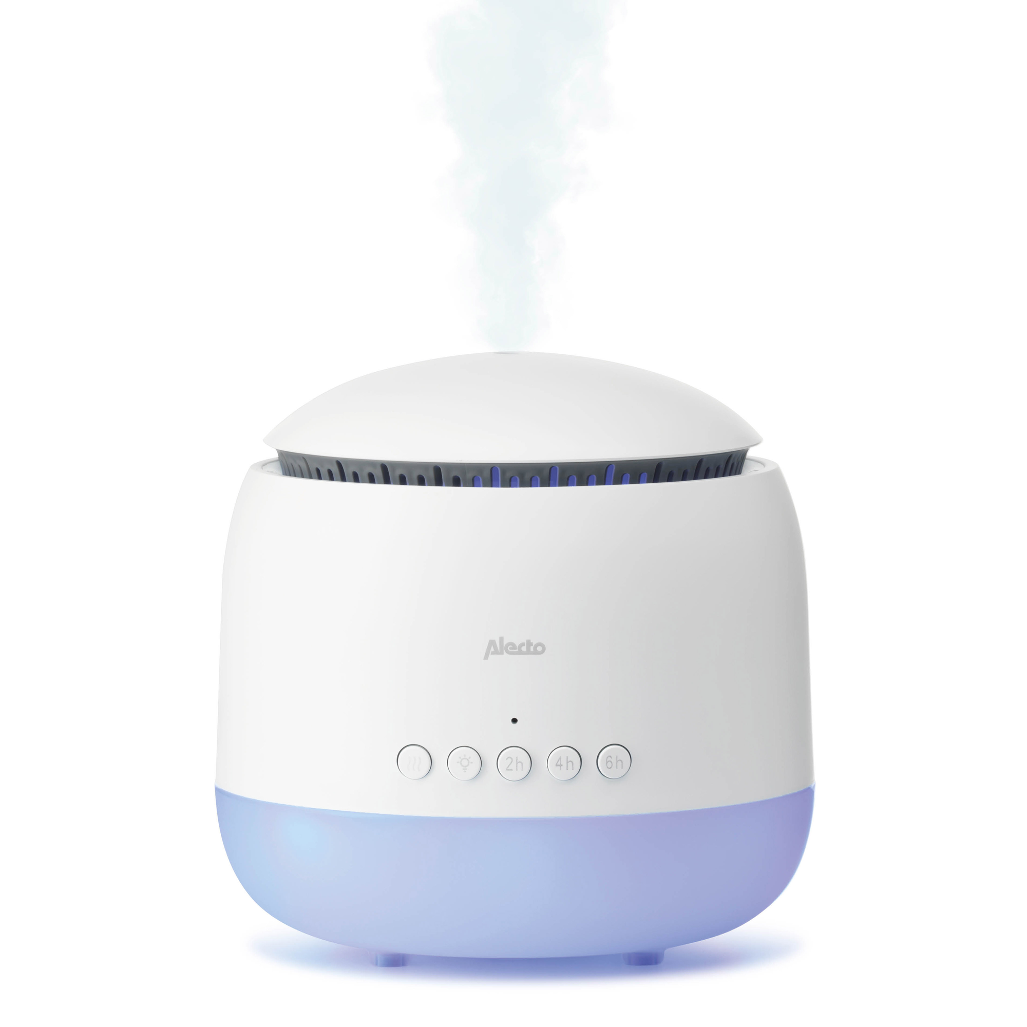 Humidificateur d'air blanc et bleu. De la vapeur sort. Il existe des boutons pour les options de minuterie : 2H, 4H et 6H.