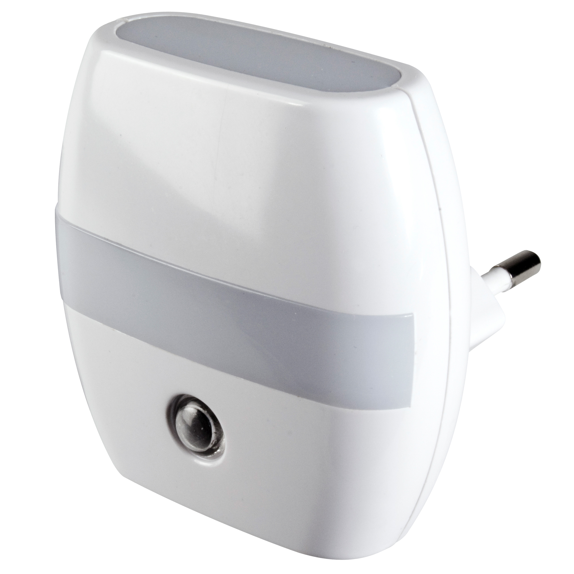 Biała lampka nocna z szarym poziomym pasem i wtyczką.