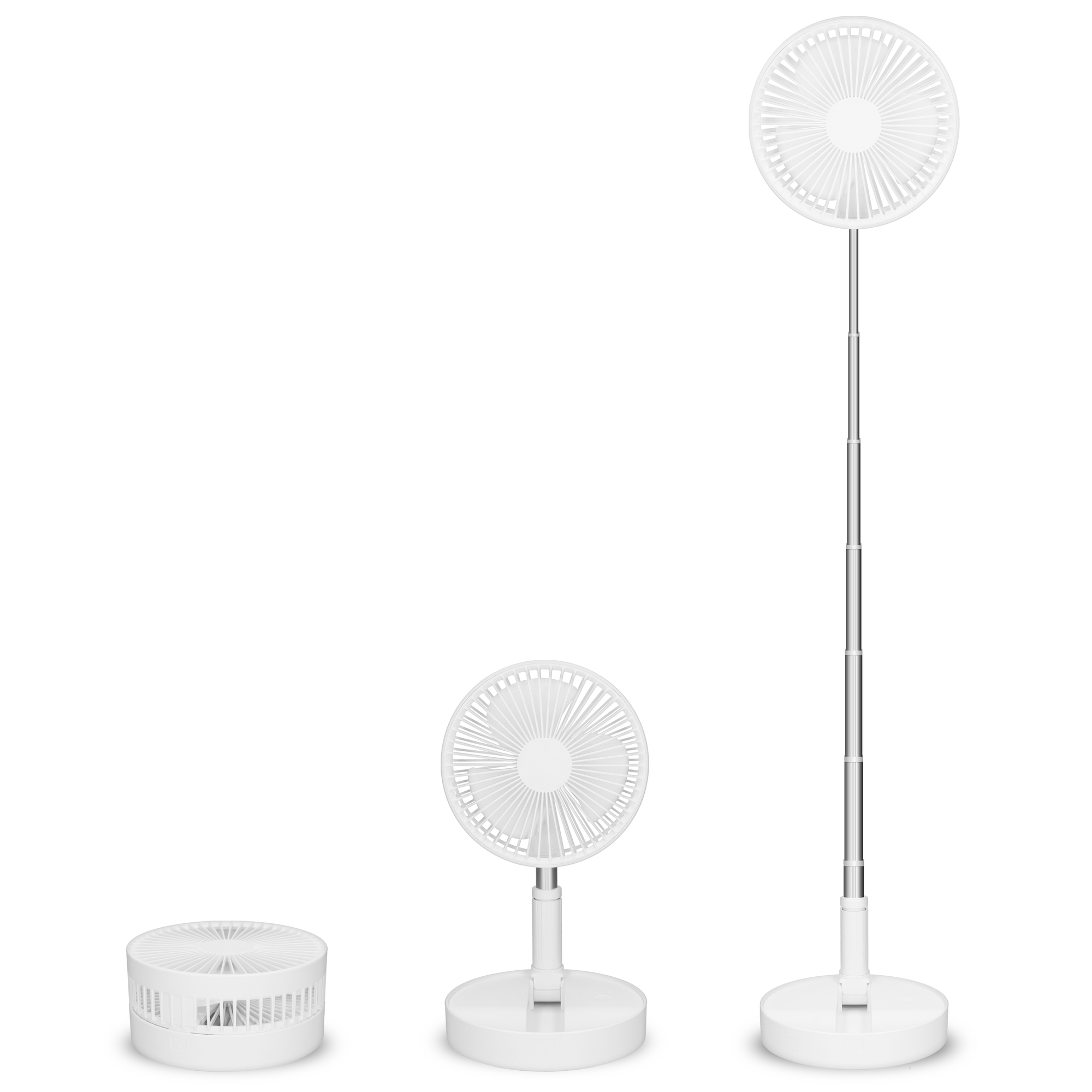 Drei weiße Ventilatoren. Einer kompakt, einer auf einem Ständer, einer voll ausgezogen.