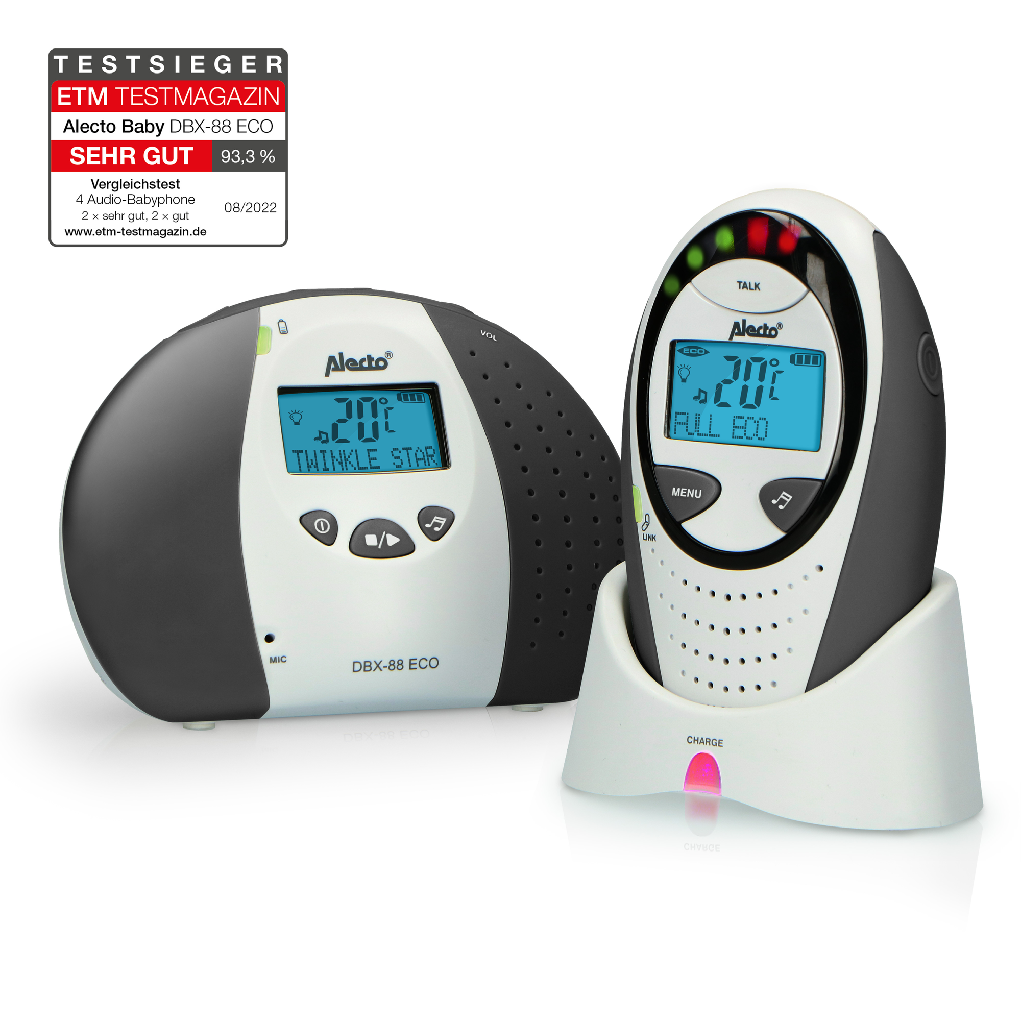 Niania elektroniczna z dwoma jednostkami, pokazująca wyświetlacze cyfrowe i przyciski.