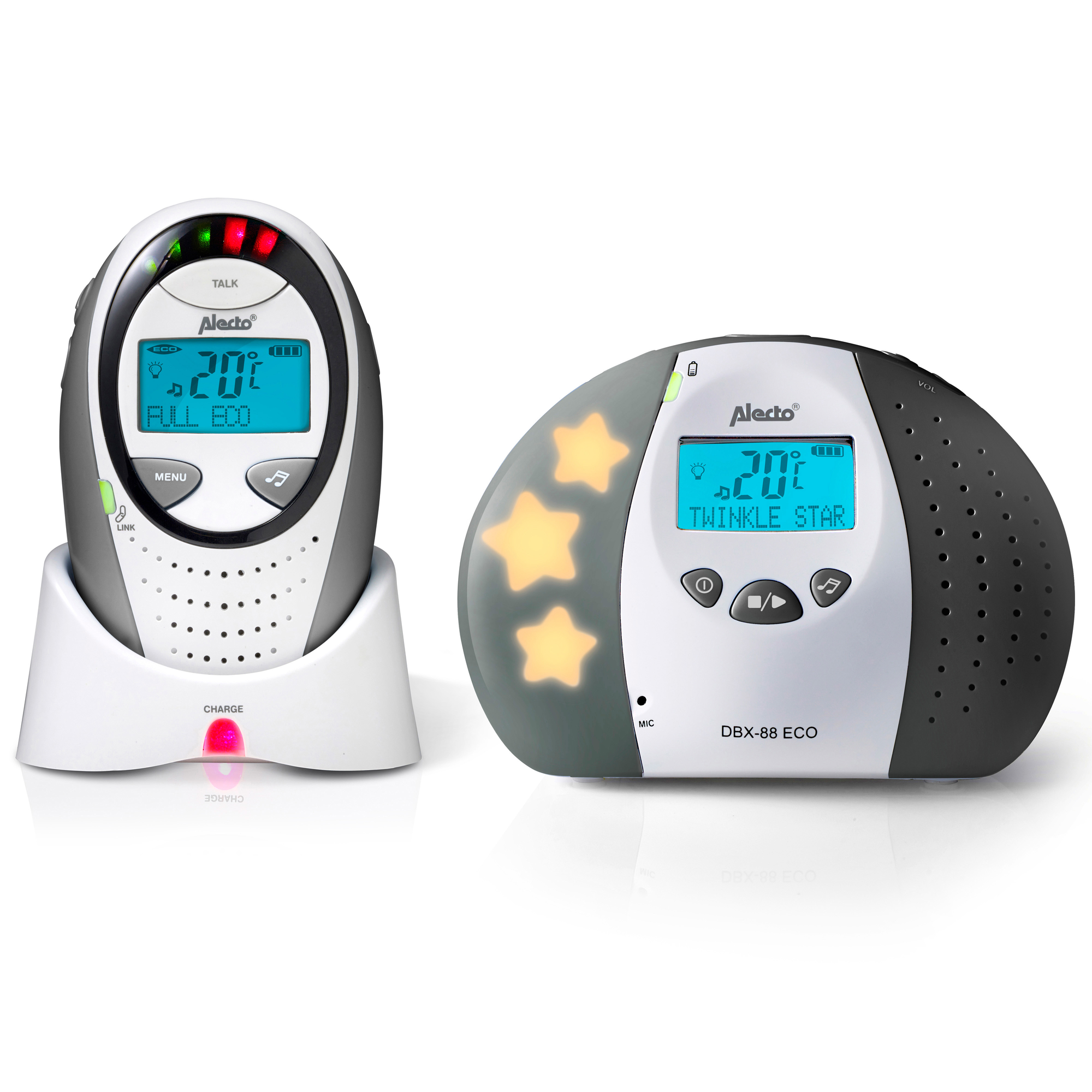 Zestaw niani elektronicznej. Jeden element ma ekran, drugi gwiazdy i ekran.