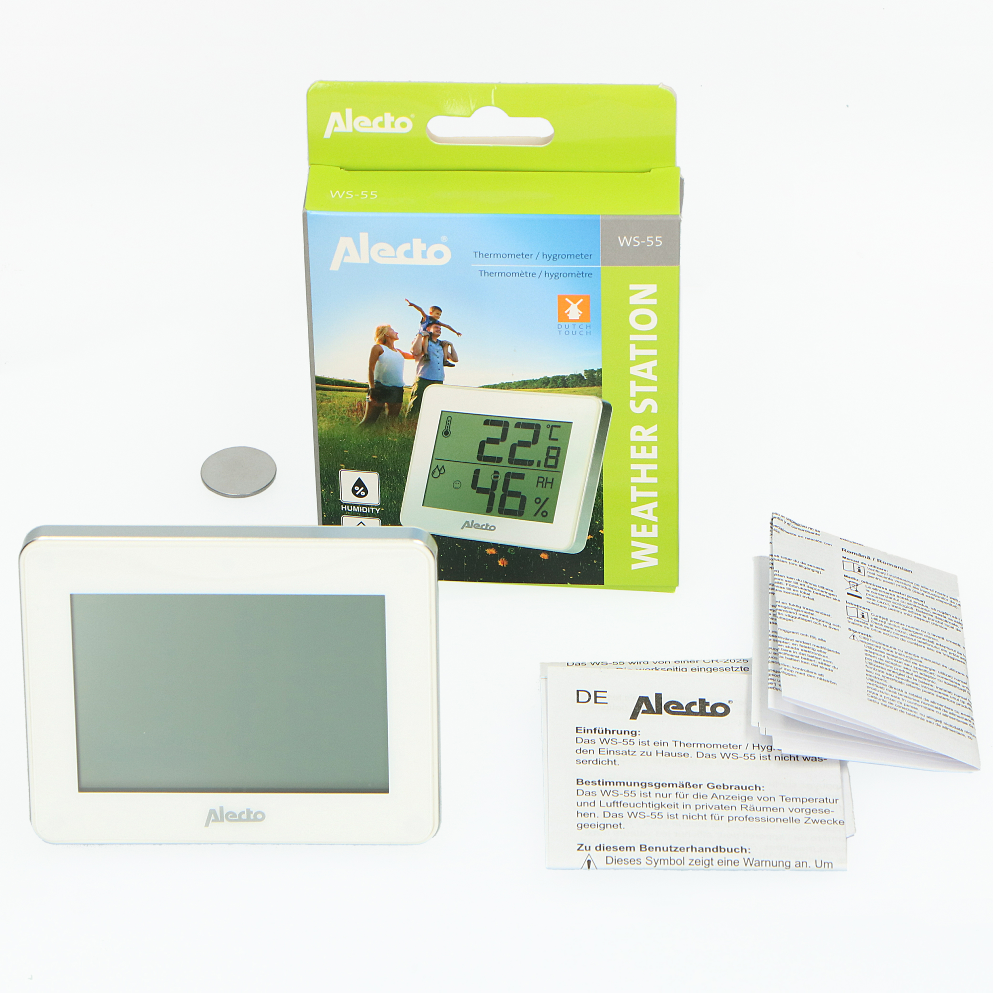 Alecto Wetterstation mit Anzeige von Temperatur, Luftfeuchtigkeit und einer Box.