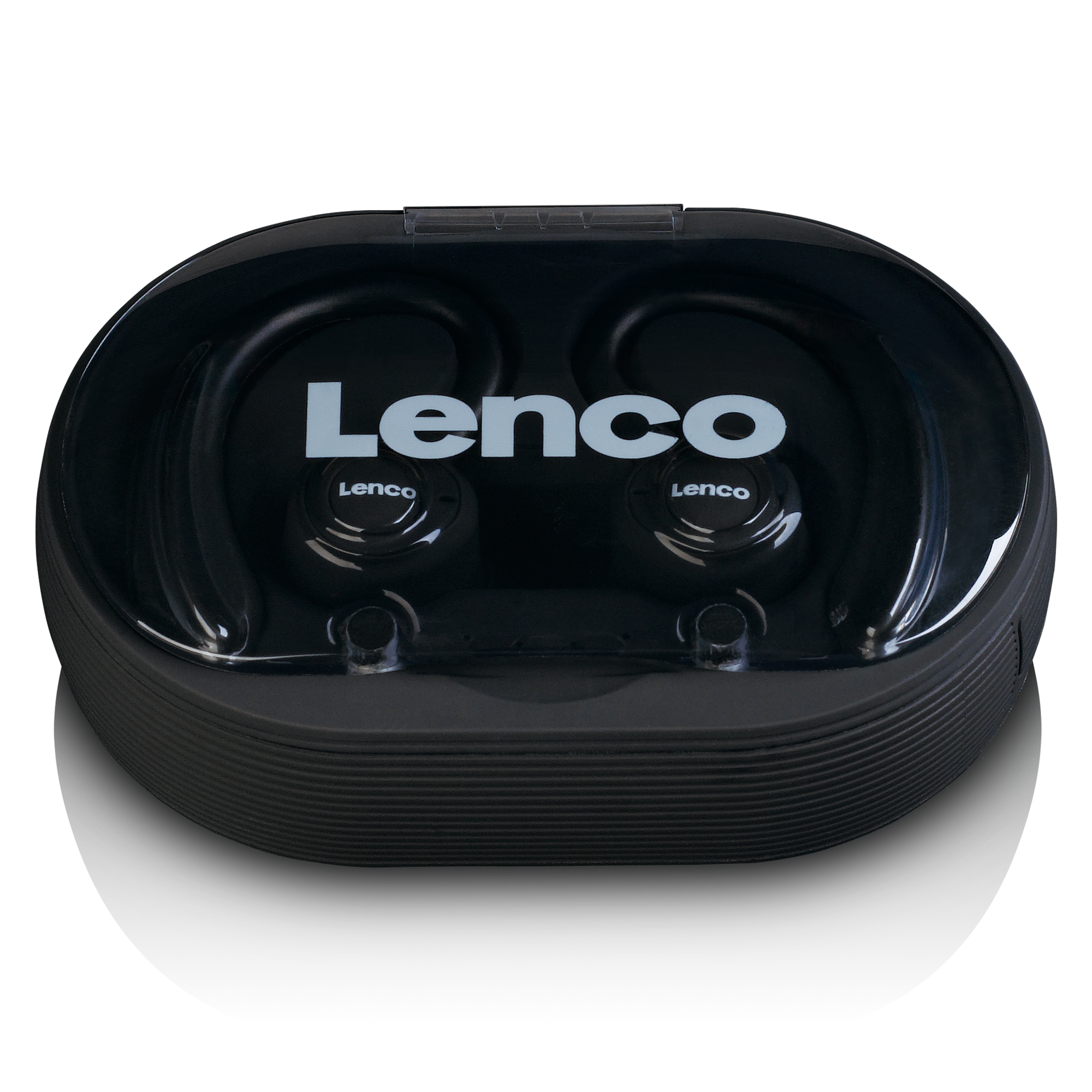 Estuche de carga negro con dos auriculares negros dentro y texto Lenco en la parte frontal.