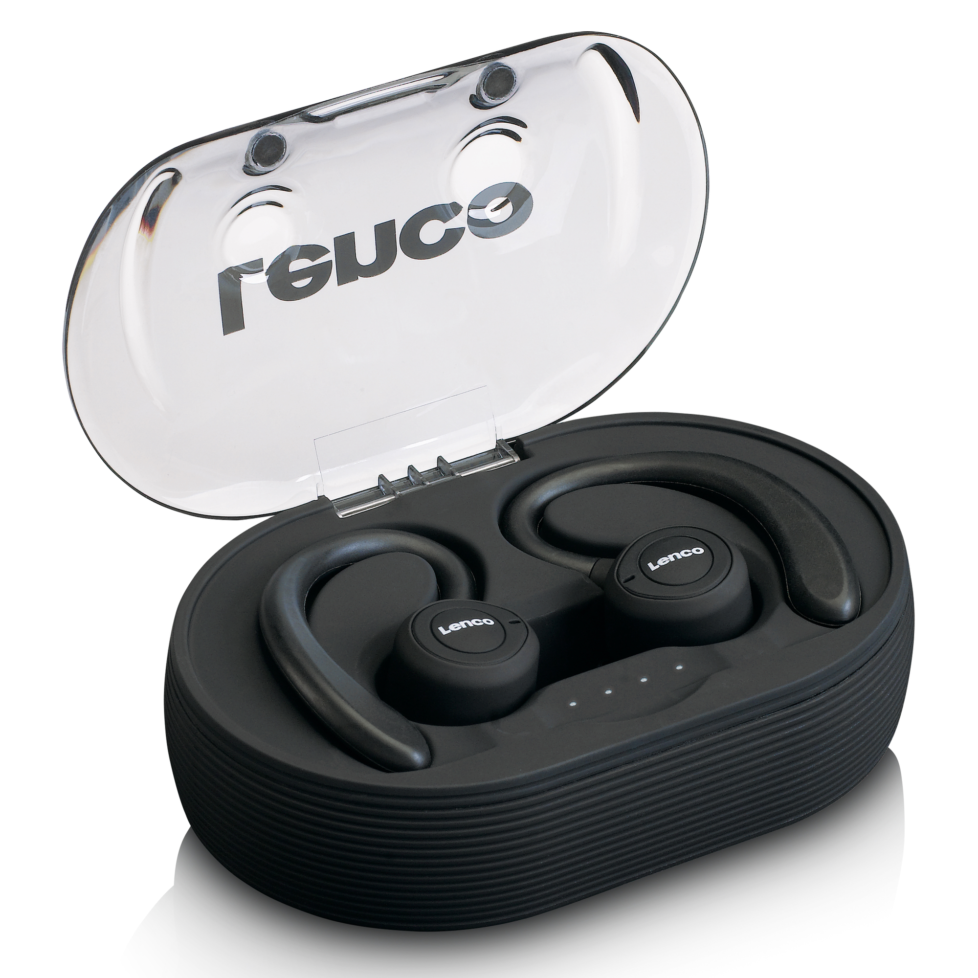 Auriculares Lenco negros en una funda negra. Tapa transparente de la funda. Fondo blanco.