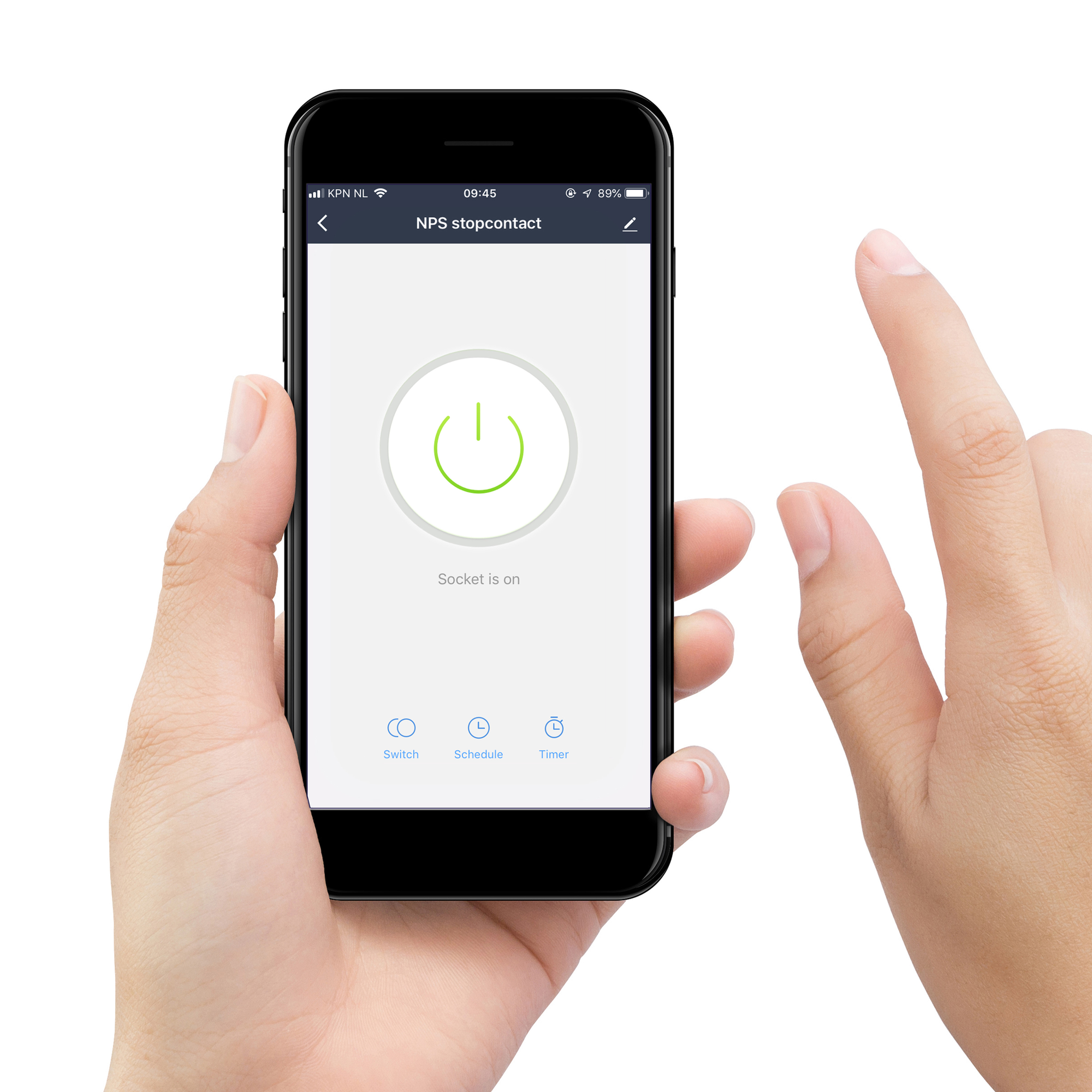 A hand holding a black smartphone displaying a smart socket control interface on a white background.