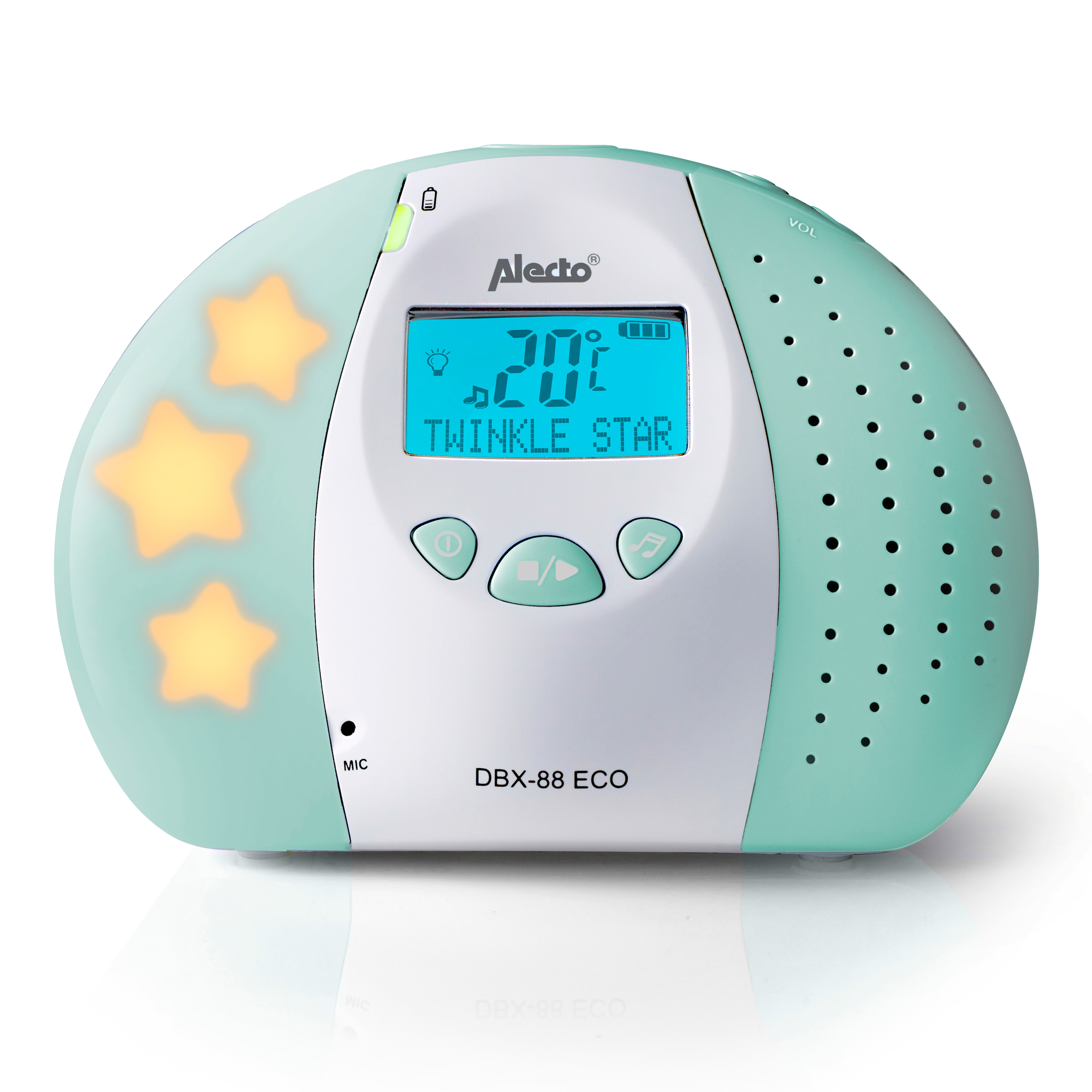 A teal baby sound machine with stars, a display, and buttons.