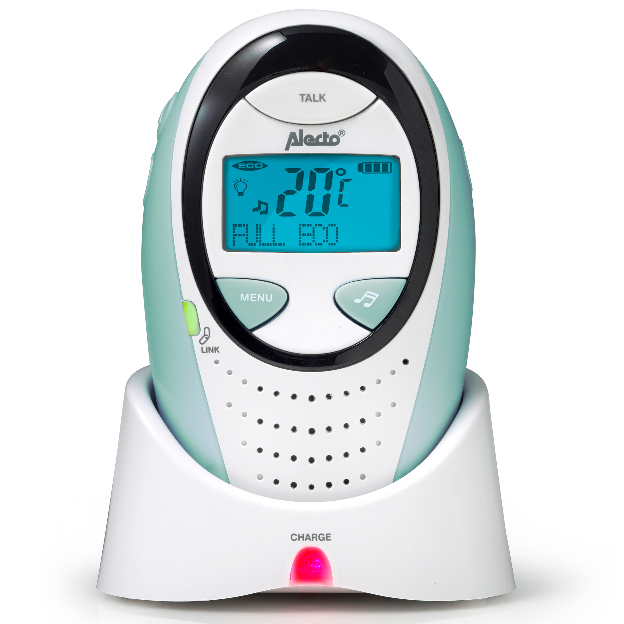 A baby monitor with a screen showing readings, in a white cradle. Teal and white colors.
