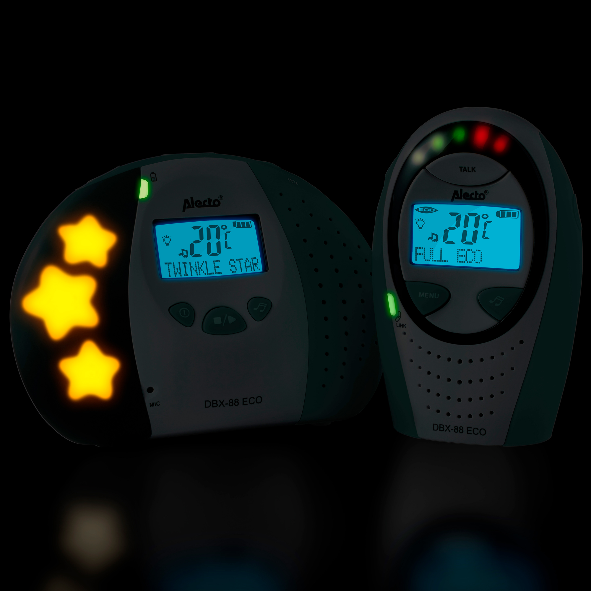 Two baby monitors, one with stars and the other with a screen display.
