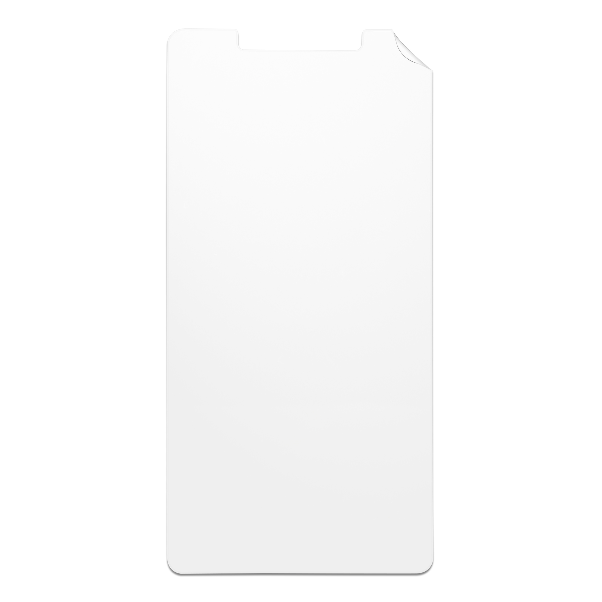 Un protecteur d'écran transparent est montré, avec un bord incurvé légèrement décollé en haut.