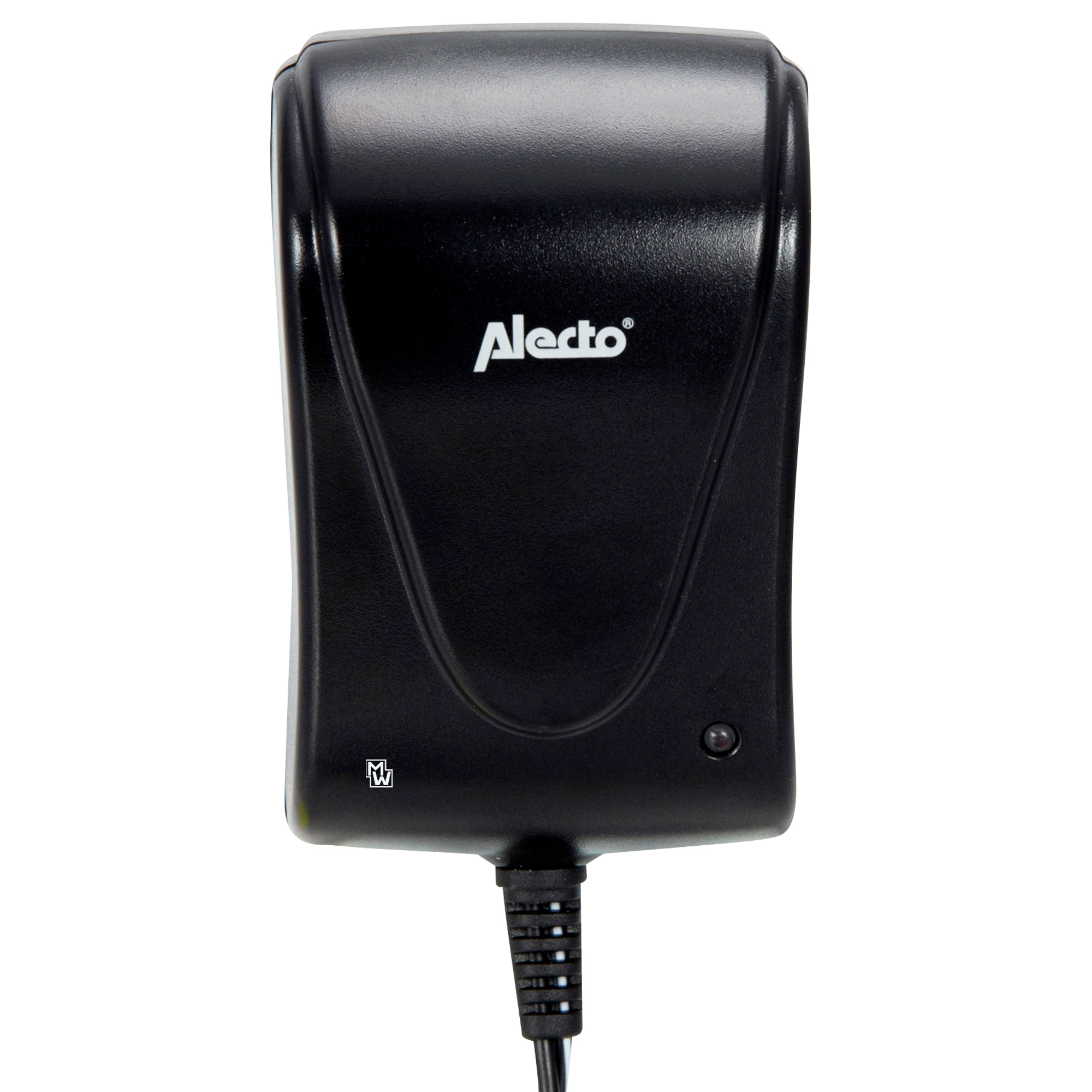 Ein schwarzes Alecto-Netzteil mit Kabel auf weißem Hintergrund.