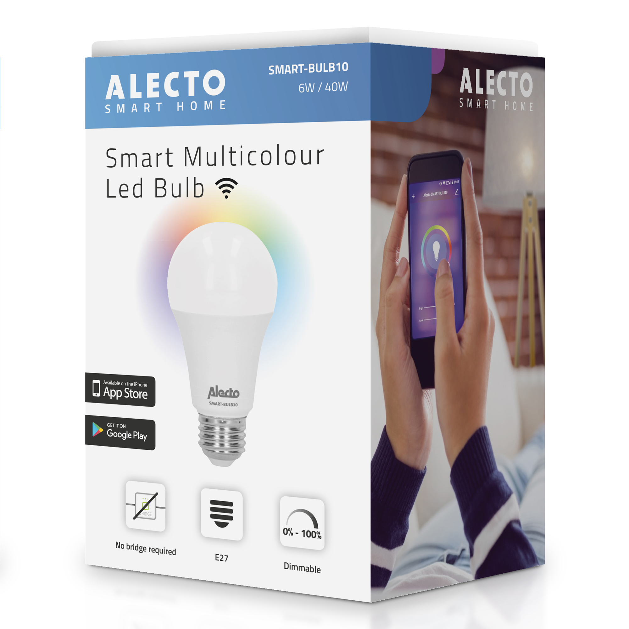 Scatola di una lampadina LED intelligente. Mostra la lampadina, l'app e le funzioni.