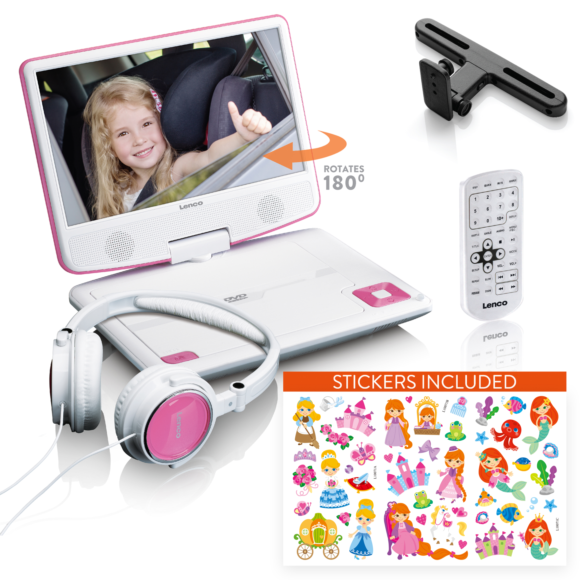 Een roze dvd-speler met een scherm met een meisje. Koptelefoon, stickers en autohouder zijn inbegrepen.