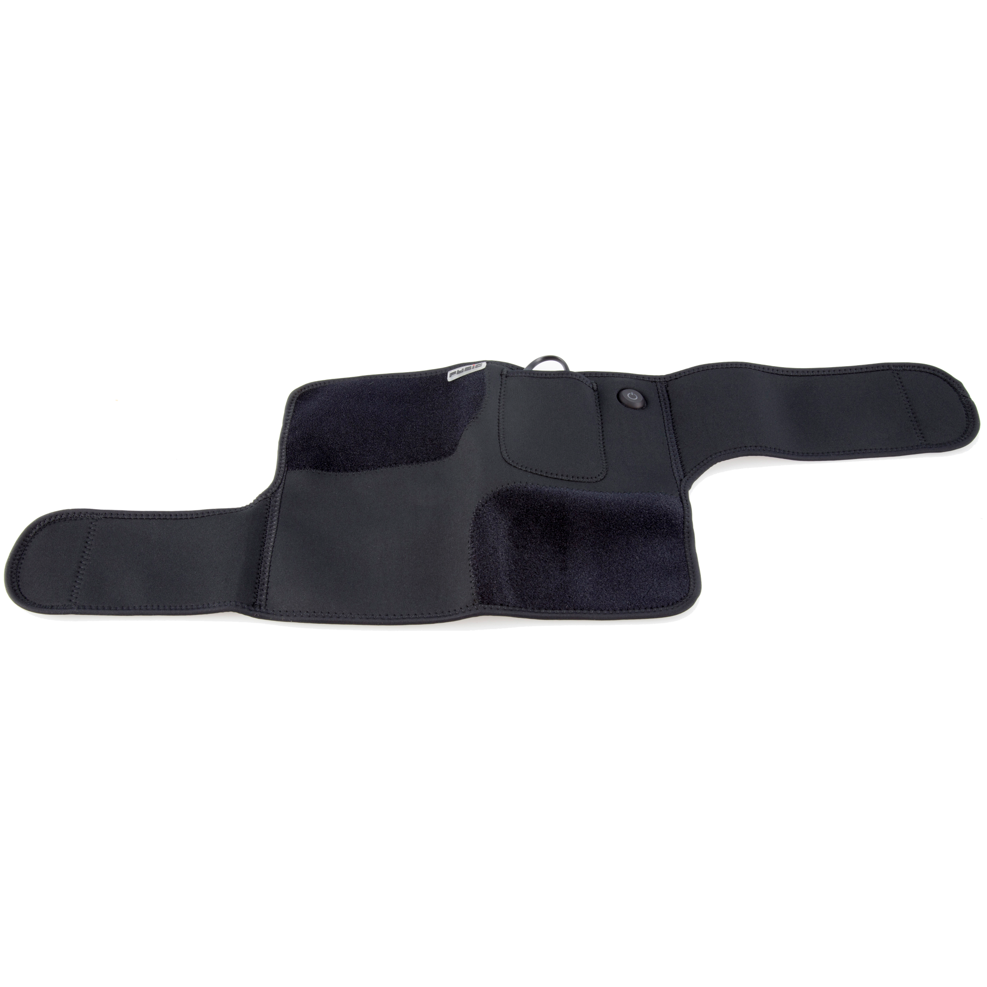Schwarze Neopren-Wickel mit Klettverschlüssen. Sichtbarer Innenraum mit schwarzem Material. Geöffnet und flach gelegt.