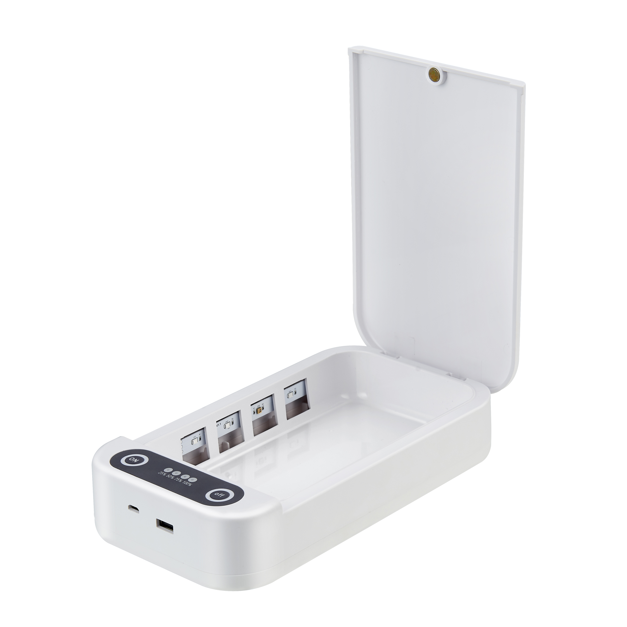 Witte doos, open. Binnenin vier UV-C-lampen en een USB-poort voor ontsmetting.