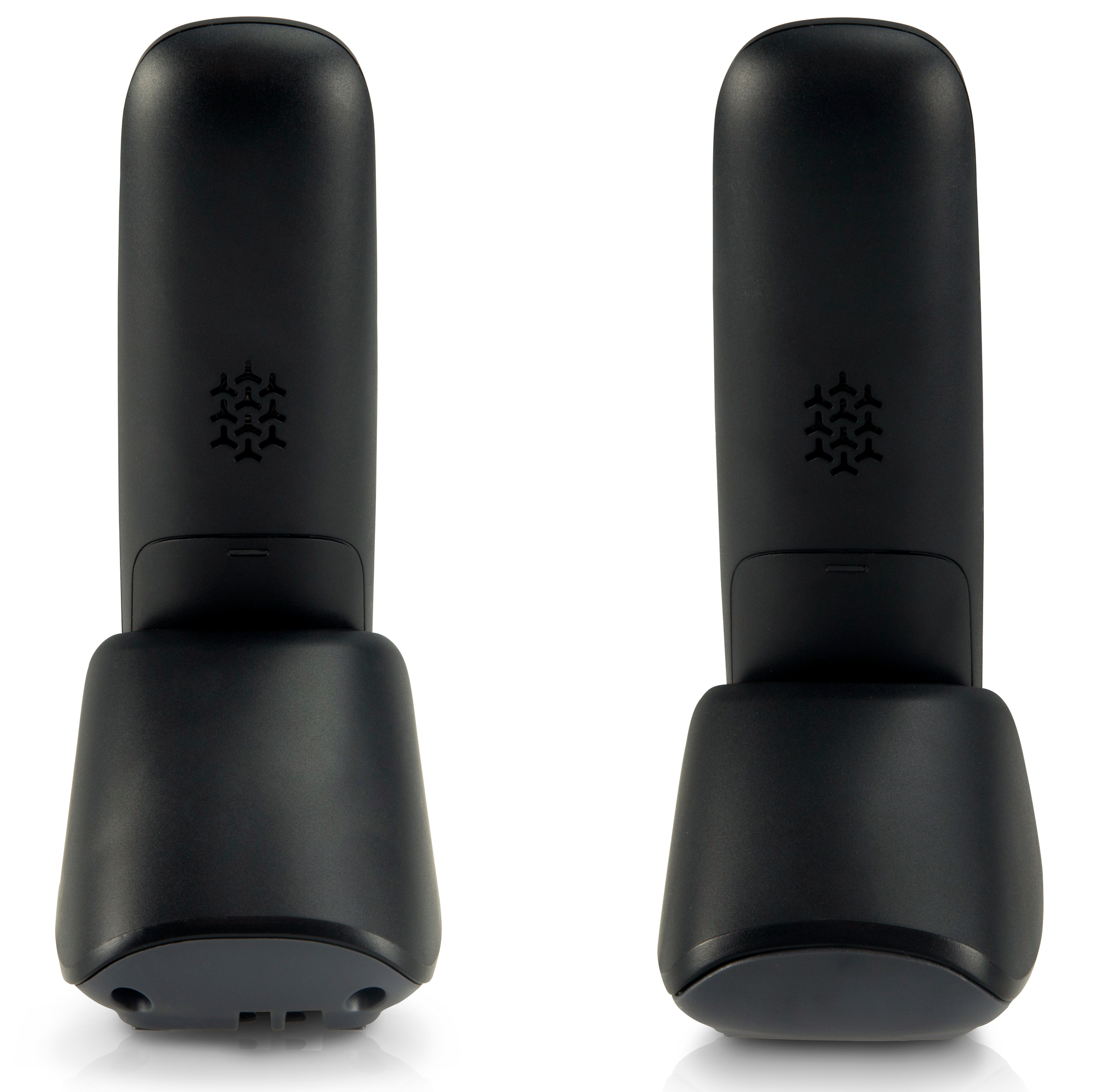 Deux bases de téléphone sans fil noires sur une surface blanche.