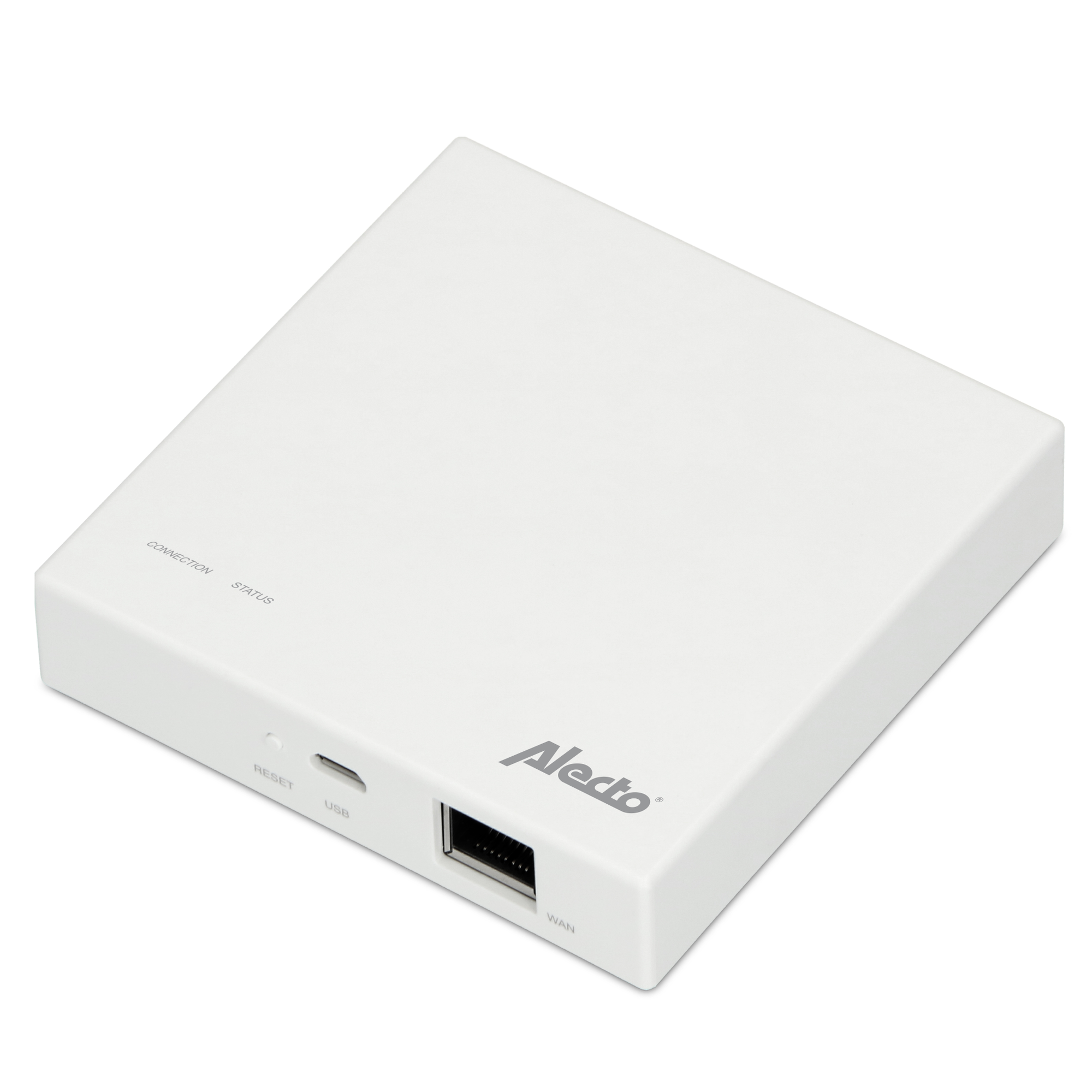 Weißes Alecto-Gerät mit Anschluss-, Status-, USB- und WAN-Anschlüssen sowie einer Reset-Taste.