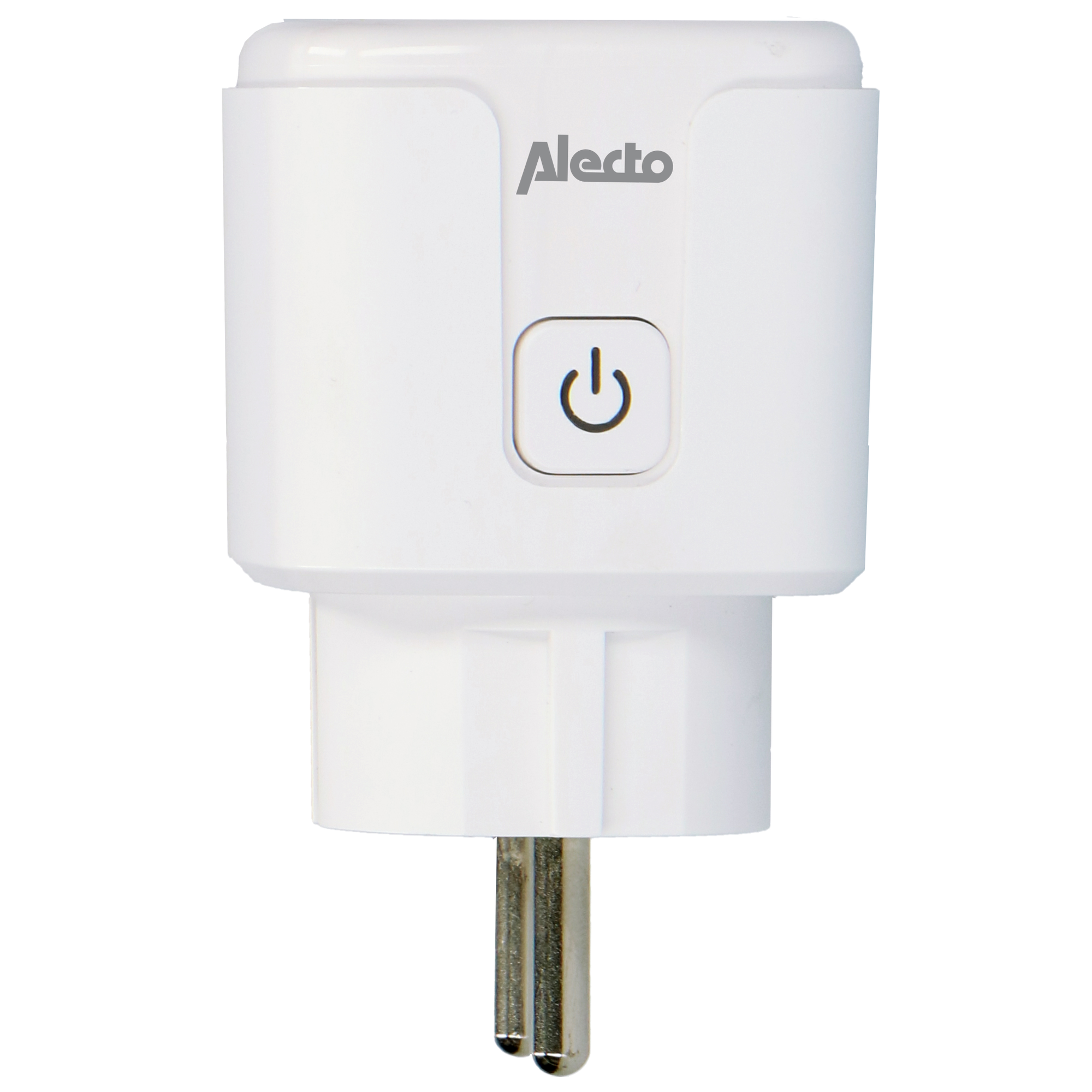 A white smart plug. Features a power button, and a plug head. Isolated on white background.