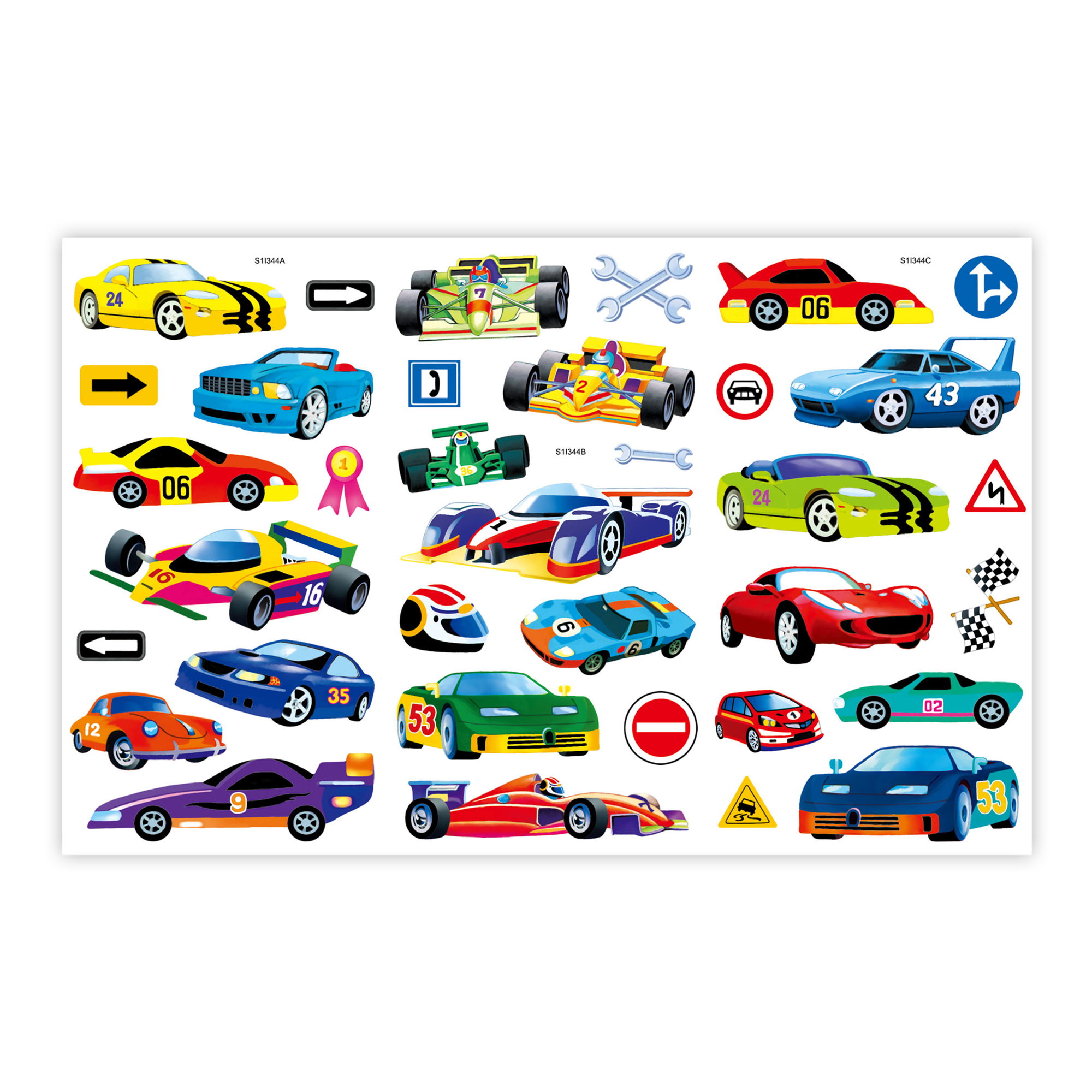 Eine Sammlung bunter Rennwagenaufkleber auf weißem Hintergrund. Autos haben Nummern, Pfeile und Rennflaggen.