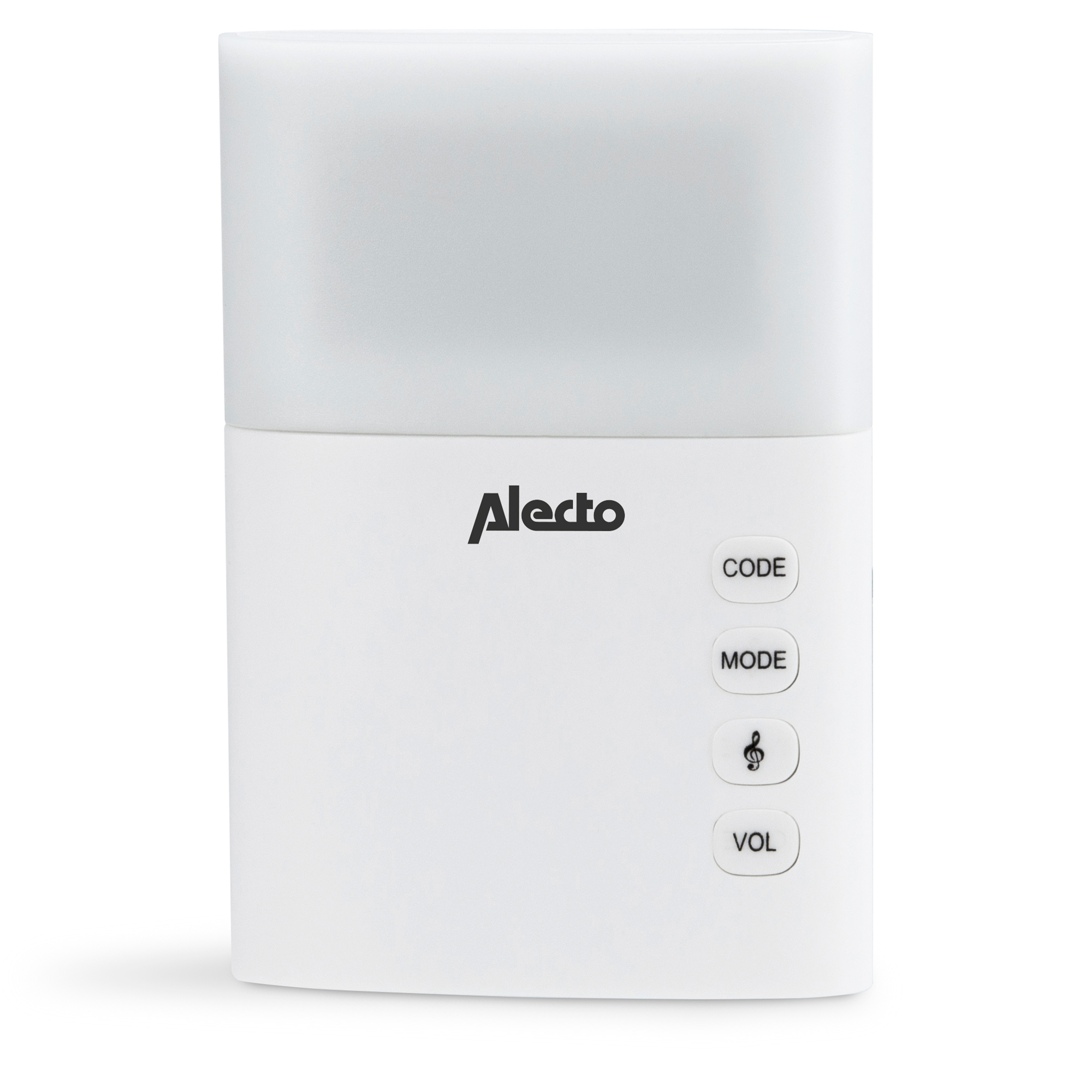Weißes Alecto-Gerät mit Knöpfen, einem Licht oben und dem Wort "Alecto".