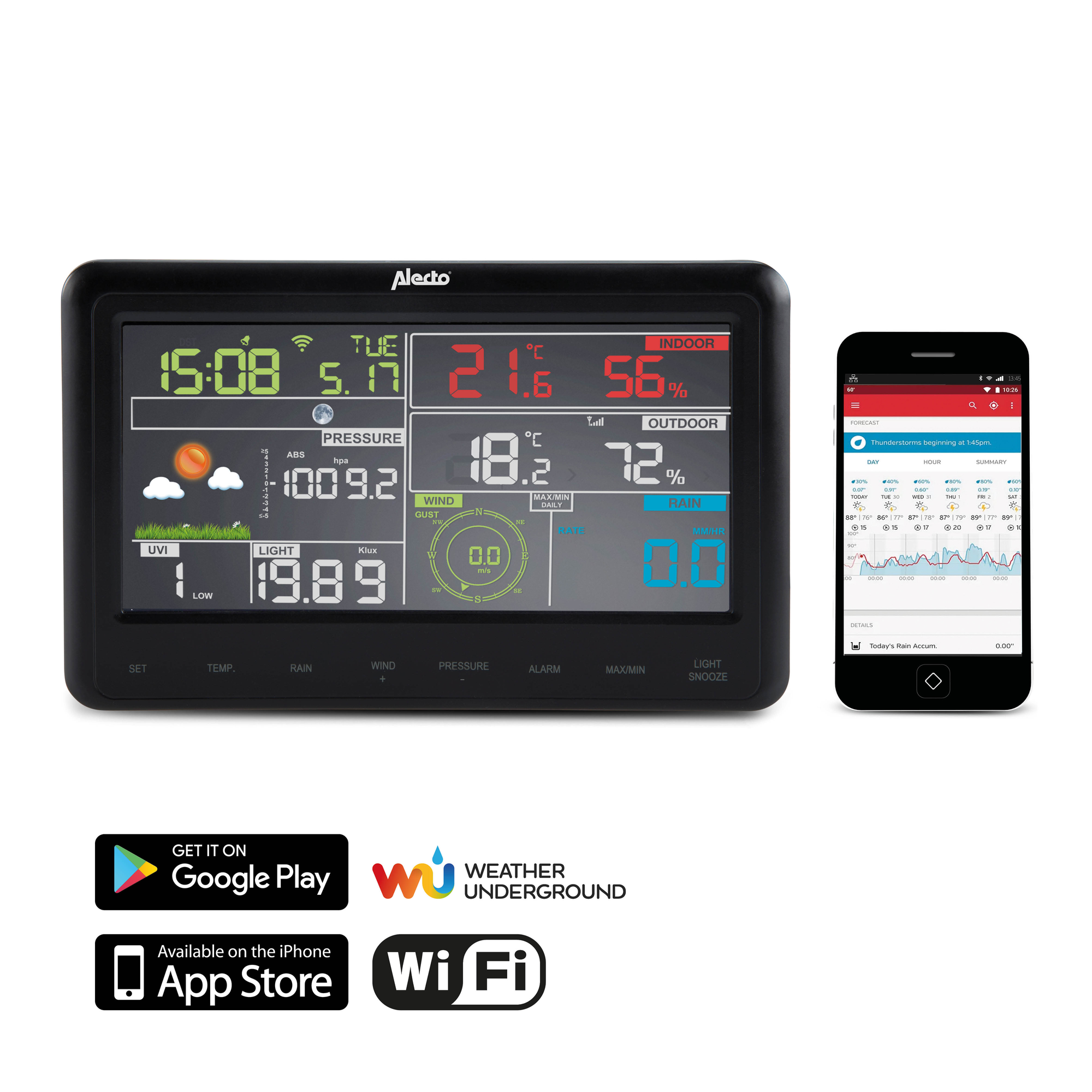 Digitale weerstation met een display waarop tijd, temperatuur en weersomstandigheden worden weergegeven. Een telefoon staat rechts.