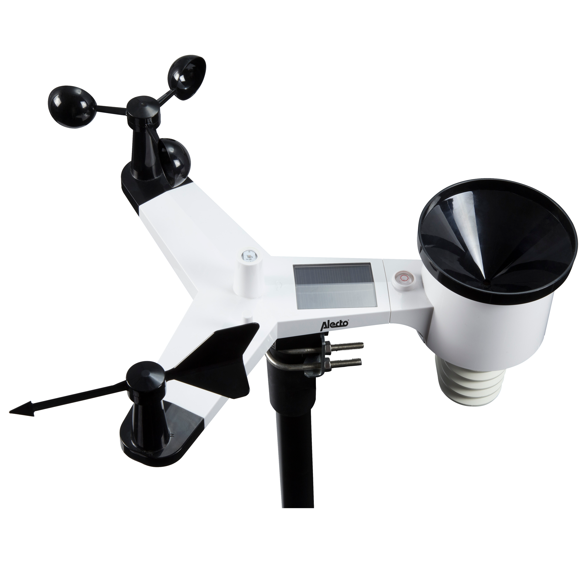 Witte en zwarte weerstation met anemometer en regenmeter. Witte achtergrond.