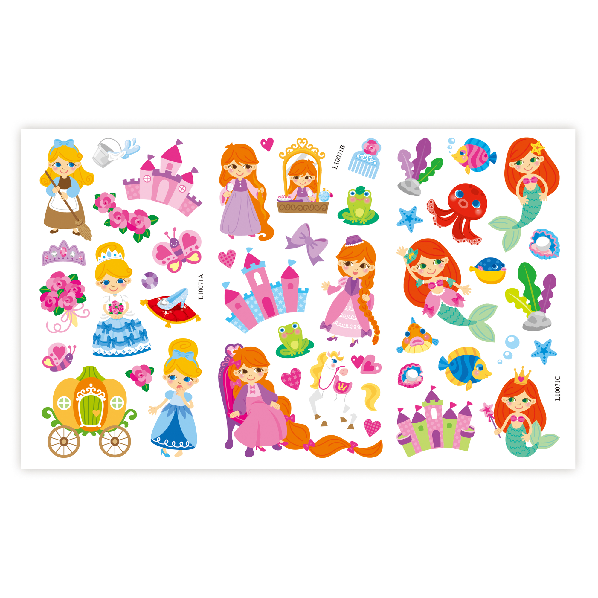 Różne naklejki z księżniczkami i syrenami z kreskówek na białym tle.