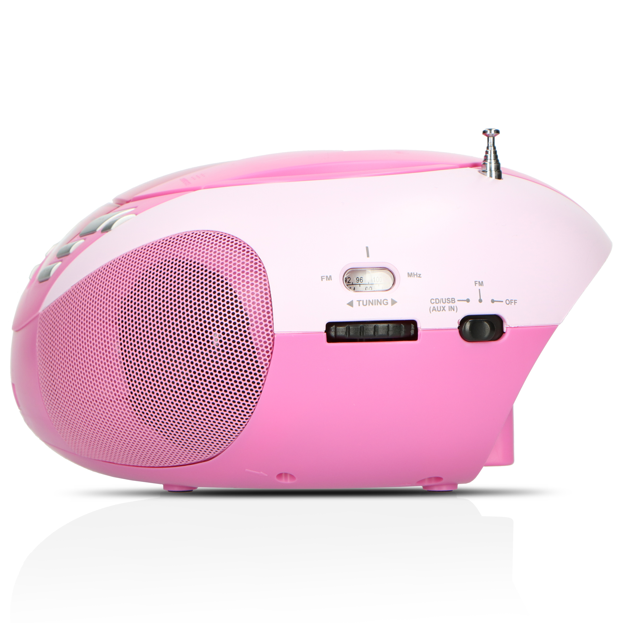 Rosa-weißes Boombox-Radio mit Knöpfen und Antenne. Seitenansicht, freigestellt auf weiß.