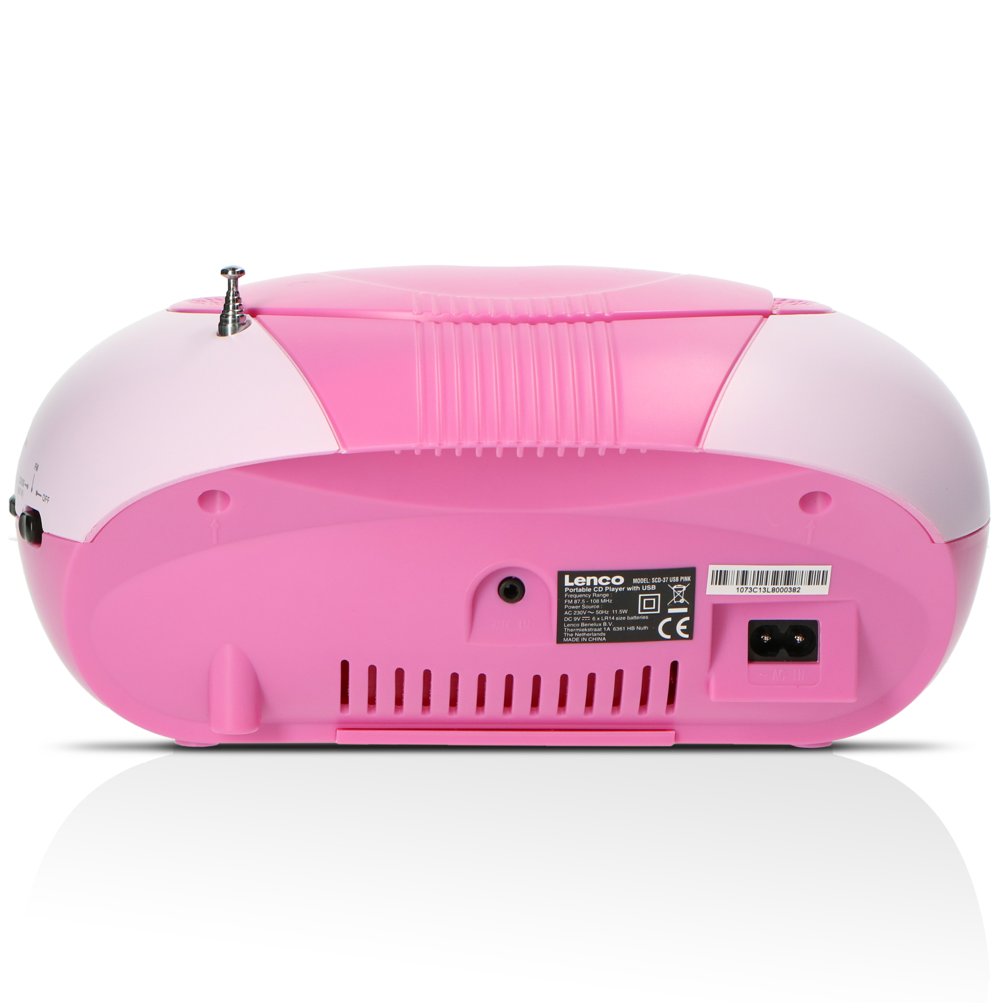 Die Rückseite eines rosa-weißen Radios im Boombox-Stil mit Radioantenne.