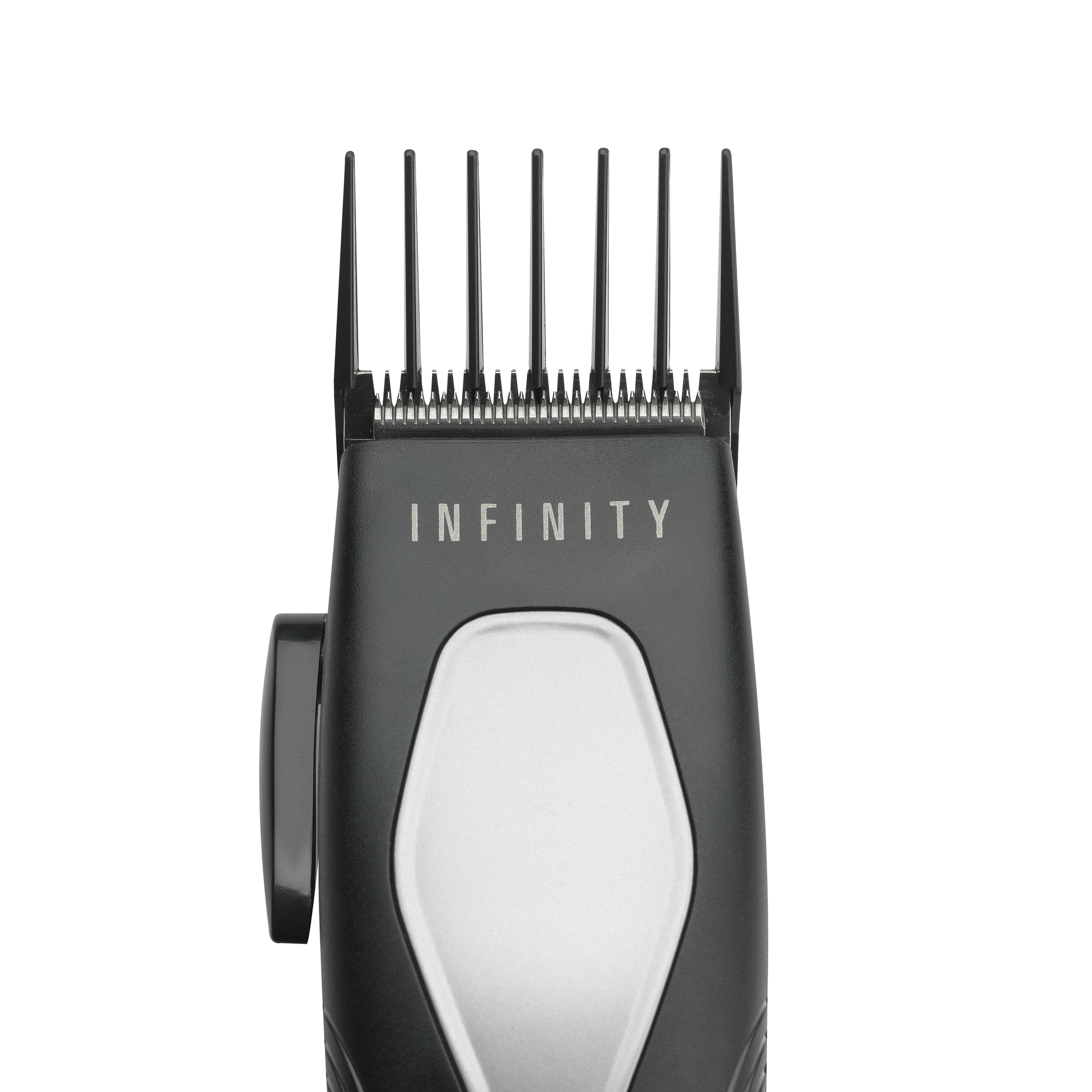 Czarna maszynka do włosów z nasadką grzebieniową i słowem INFINITY.